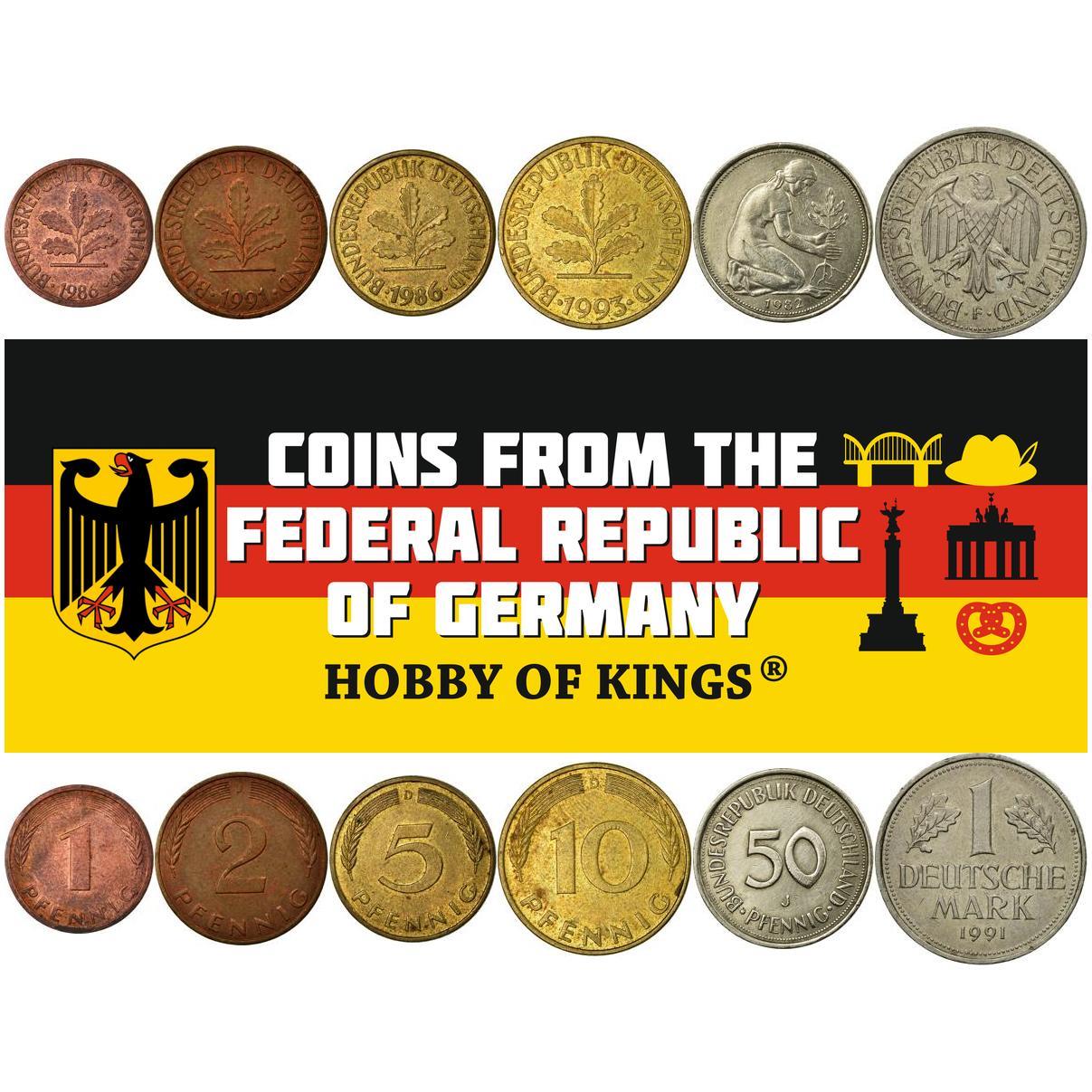 Federal Republic of Germany | 6 Coin Set | 1 2 5 10 50 Pfennig 1 Deutsche Mark | 1950 - 2001