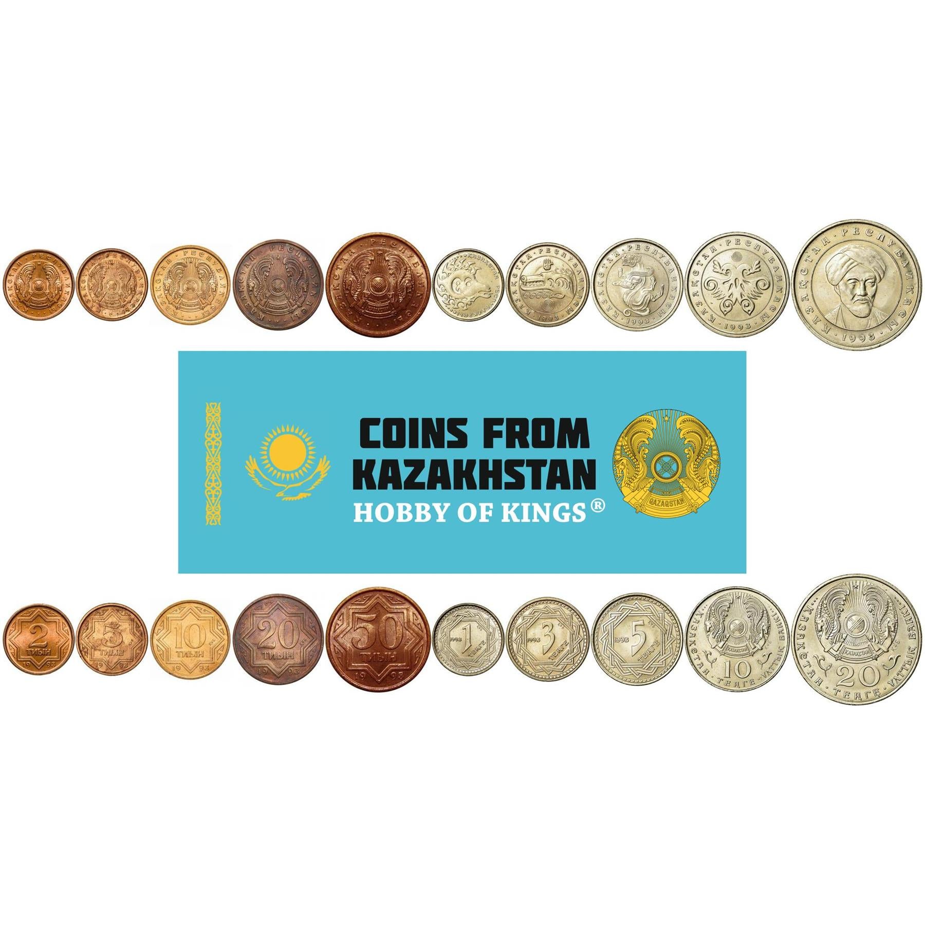 كازاخستان | مجموعة 10 عملات | 2 5 10 20 50 تيين 1 3 5 10 20 تنغي | تصميم منمق | حيوانات | المفكر العظيم | 1993