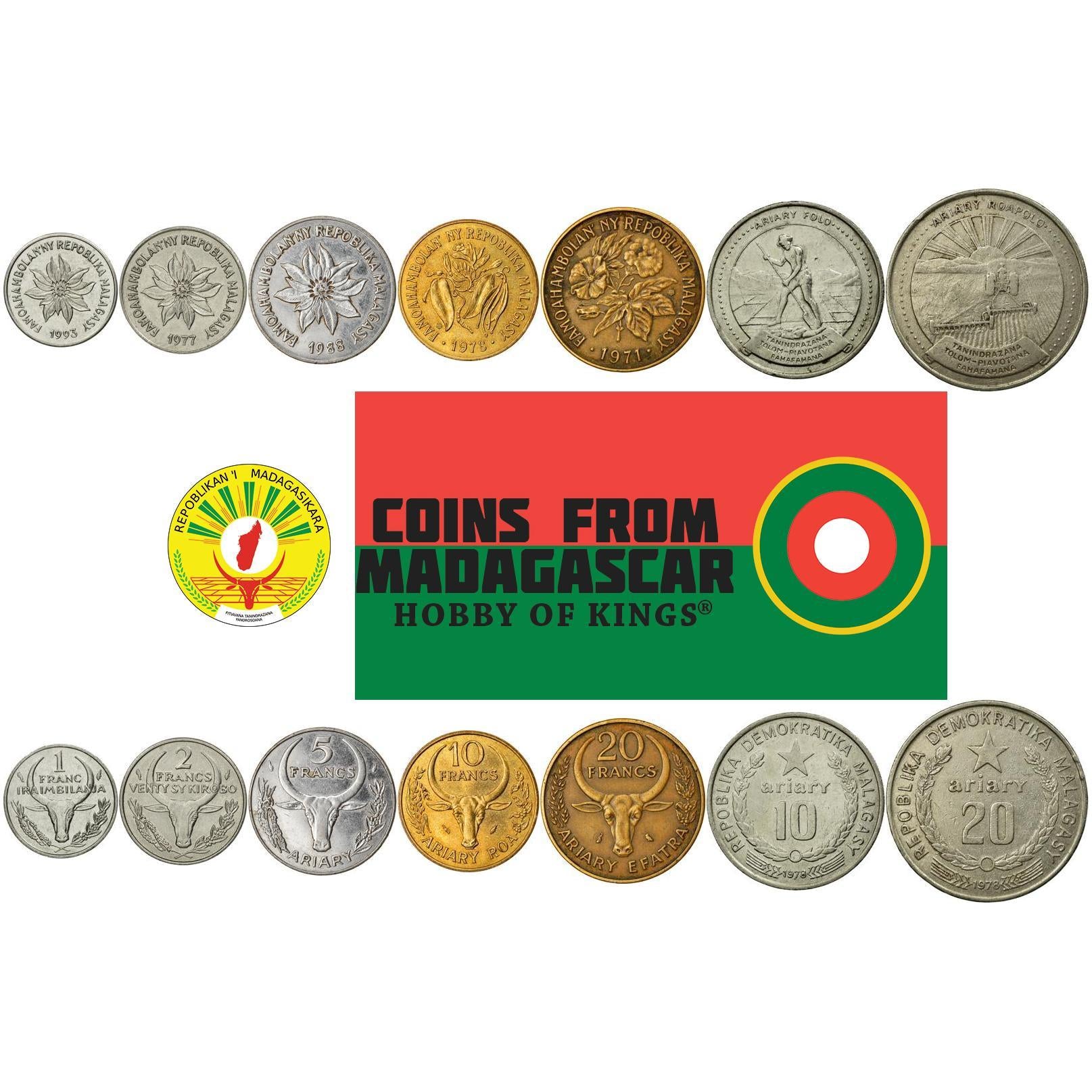 Madagascar | 7 Coin Set | 1 Franc 2 Francs 5 Francs / 1 10 Francs / 2 20 Francs / 4 10 20 Ariary | 1965 - 2002