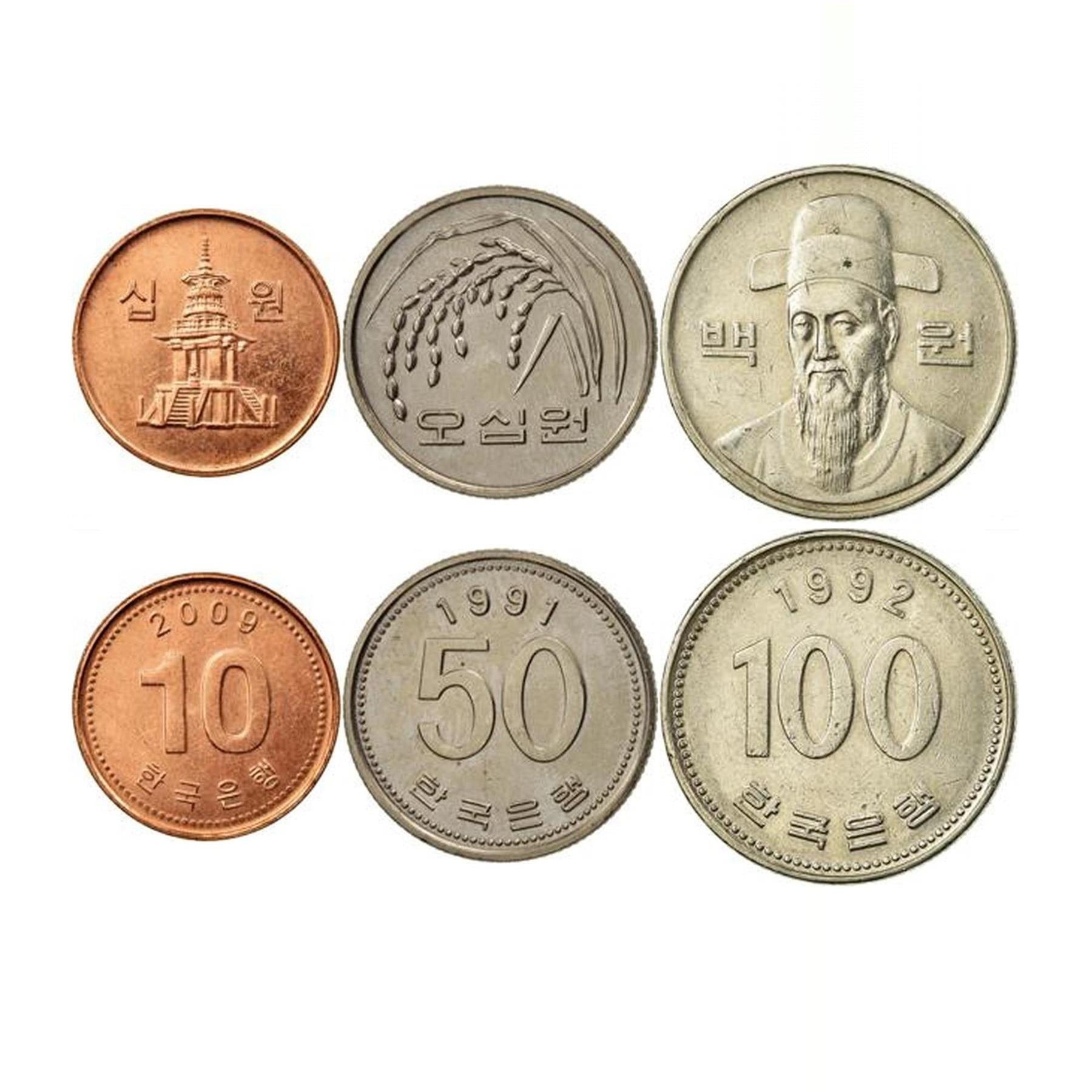 Sydkorea | 3 Møntsæt | 10 50 100 Won | Dabotap Pagode | FAO | Risplante | Admiral Yi Sun-sin | 1983 - 2022