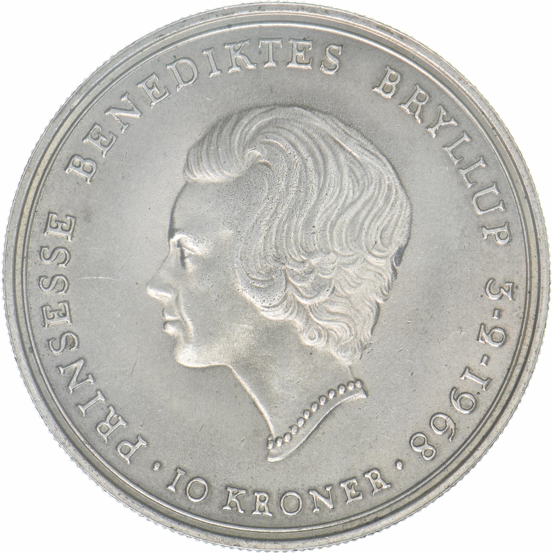 Denmark | 10 Kroner Coin | Silver | Wedding of Princess Benedikte | KM:857 | 1968
