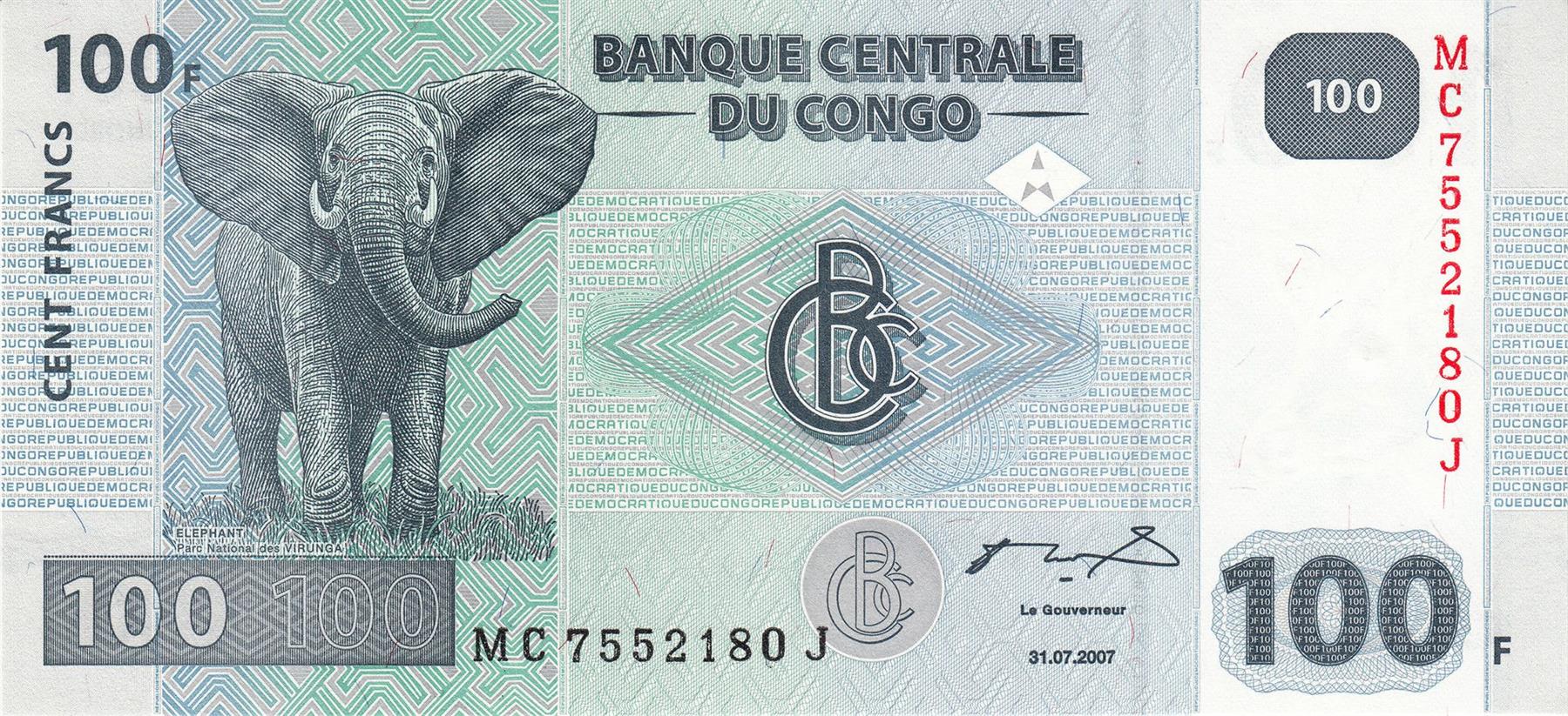 Democratic Republic of The Congo | 100 Francs Banknote | 2007 - 2022 | African Bush Elephant | Power Lines | Dam and Power Station