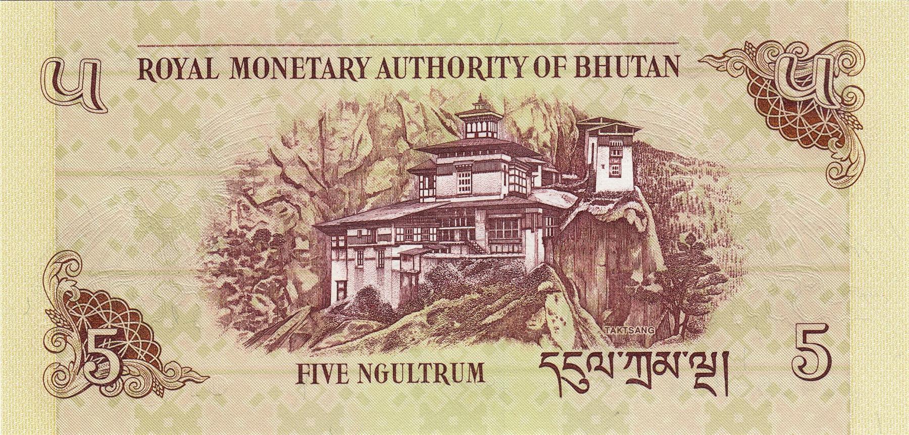Bhutan | 5 Ngultrum Banknote | 2006 - 2015 | Dharma Chakra | Bja Tshering Bird | Taktsang Monastery