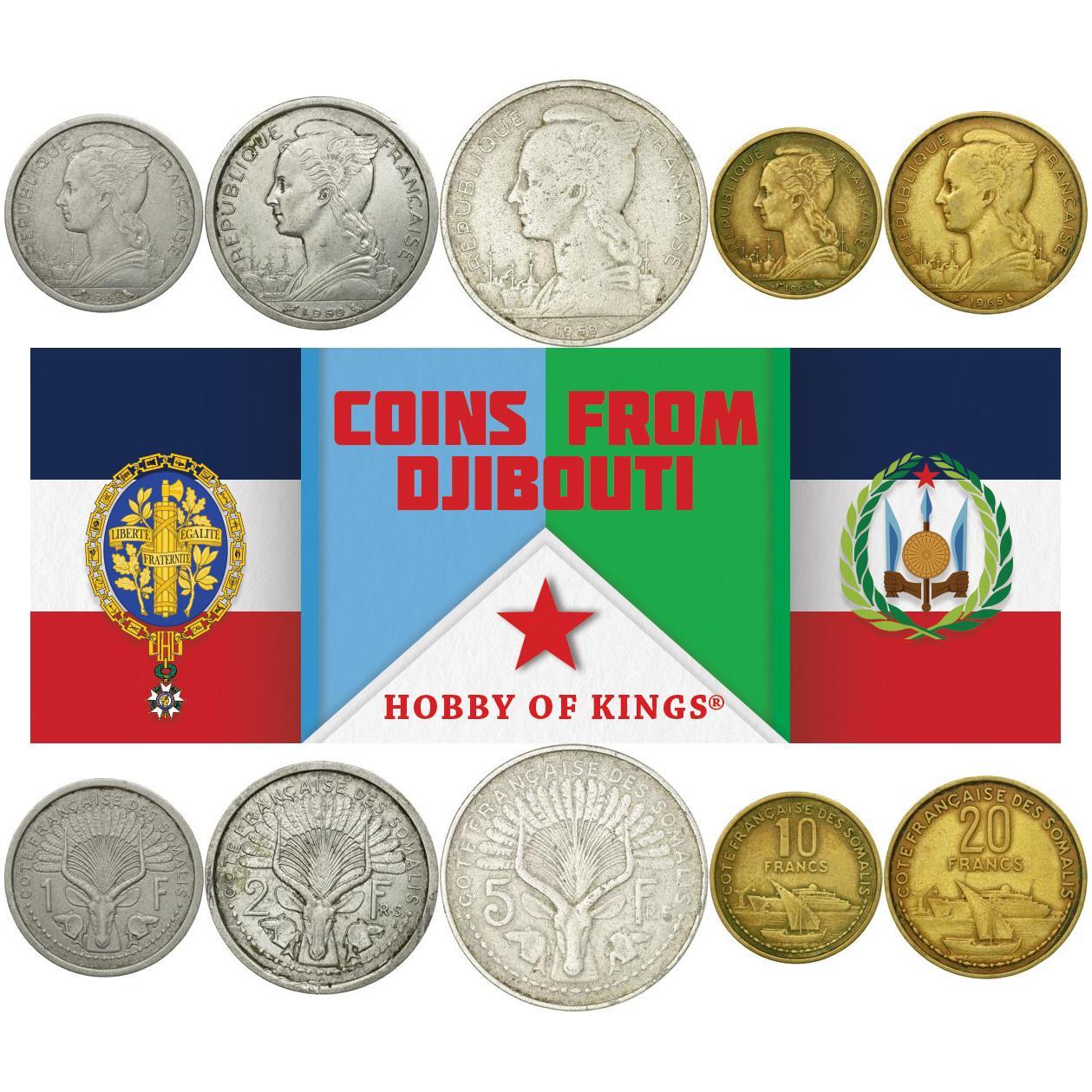 French Somaliland | 5 Coin Set | 1 Franc 2 5 10 20 Francs | 1959 - 1965