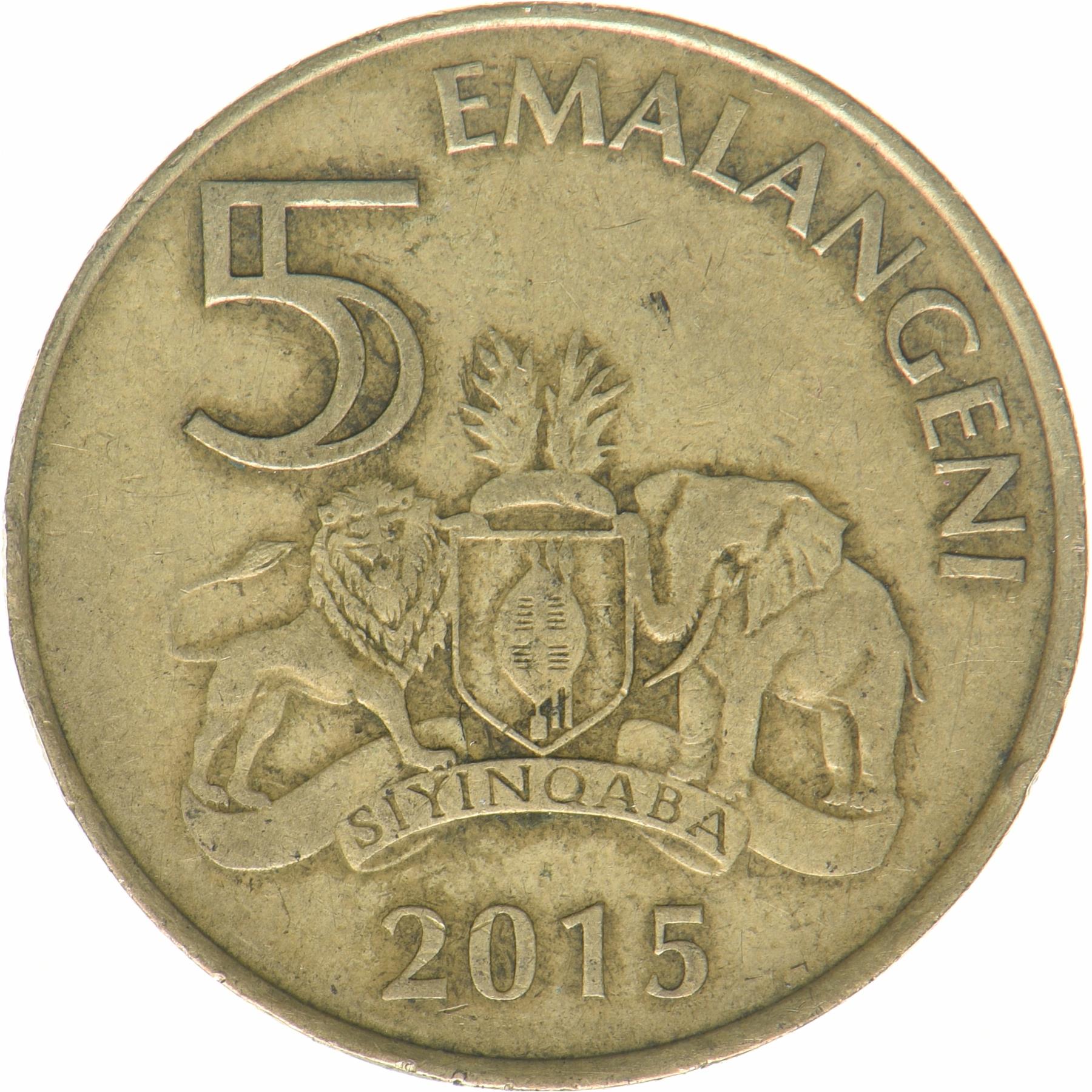 Kingdom of Swaziland | 5 Emalangeni Coin | King Mswati III | Lion | Elephant | KM:68 | 2015