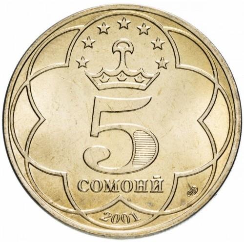Tajikistan | 5 Somoni Coin | Abuabdullo Rudaki | Crown | Stars | KM:9 | 2001