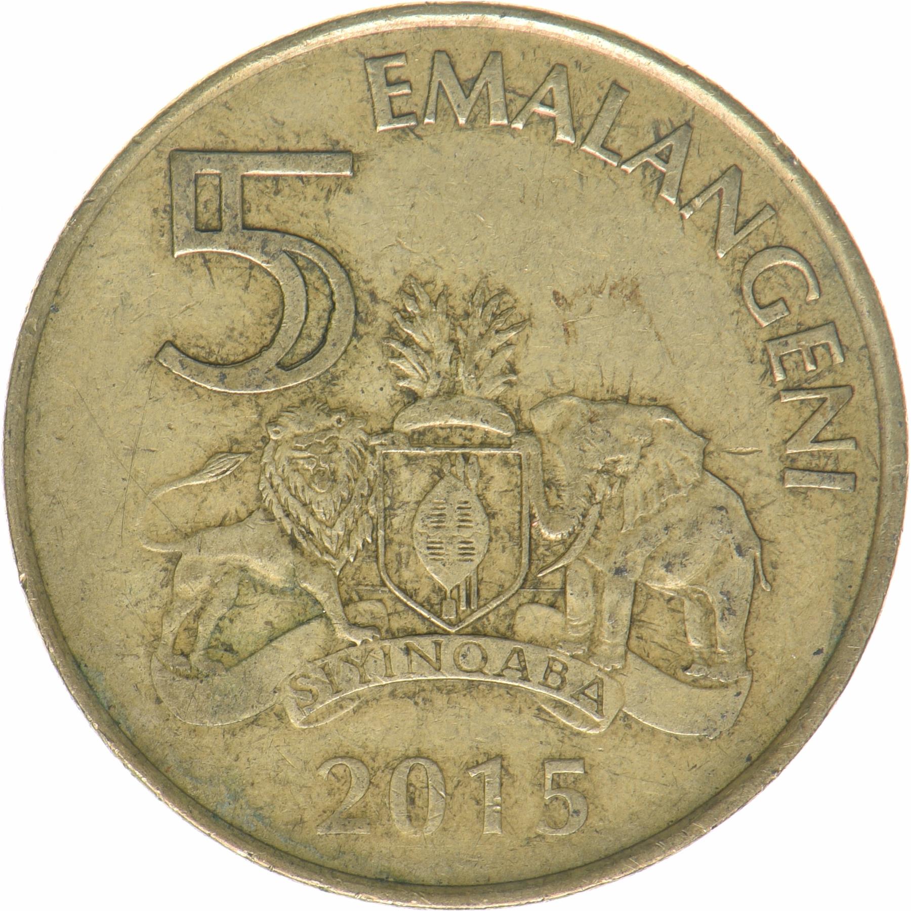 Kingdom of Swaziland | 5 Emalangeni Coin | King Mswati III | Lion | Elephant | KM:68 | 2015