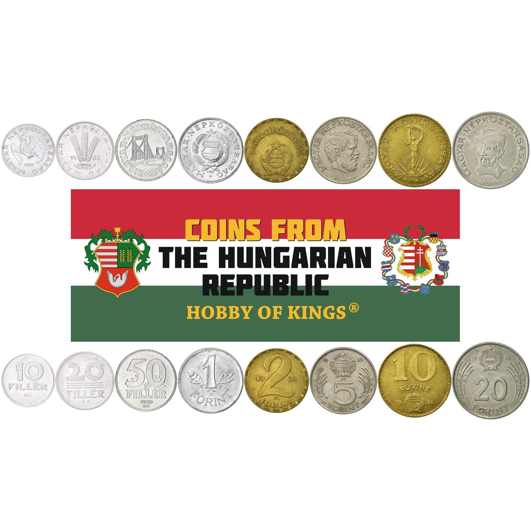 Hungría | Set de 8 Monedas | 10 20 50 Filler 1 2 5 10 20 Forint | Paloma | Rama de Olivo | Espigas de Trigo | Puente Elisabeth | Lajos Kossuth | Monumento Strobl | György Dózsa | 1982 - 1989