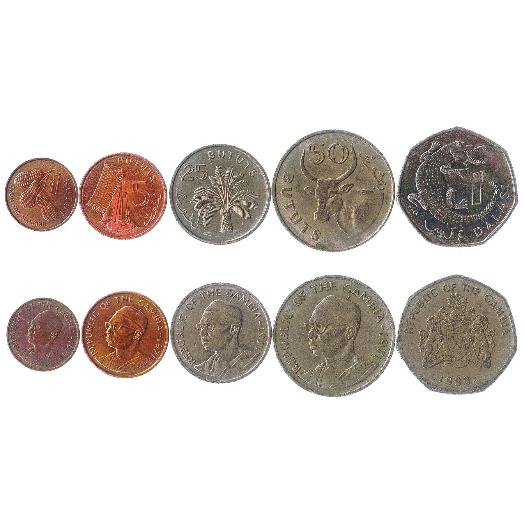5 Coins From Gambia 1971-2016 1 Butut - 1 Dalasi African Money