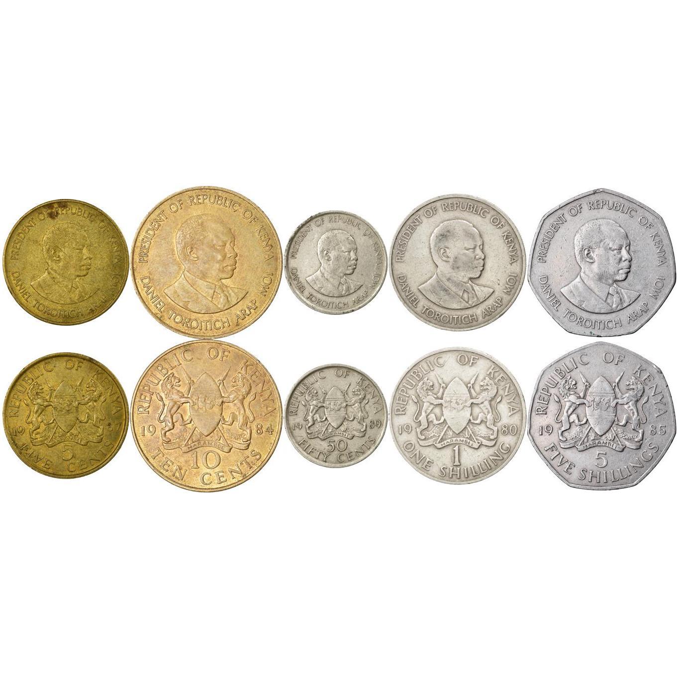 Kenia | Set de 5 Monedas | 5 10 50 Céntimos 1 Chelín 5 Chelines | Daniel Toroitich Arap Moi | León | Daniel Toroitch Arap Moi | 1978 - 1991