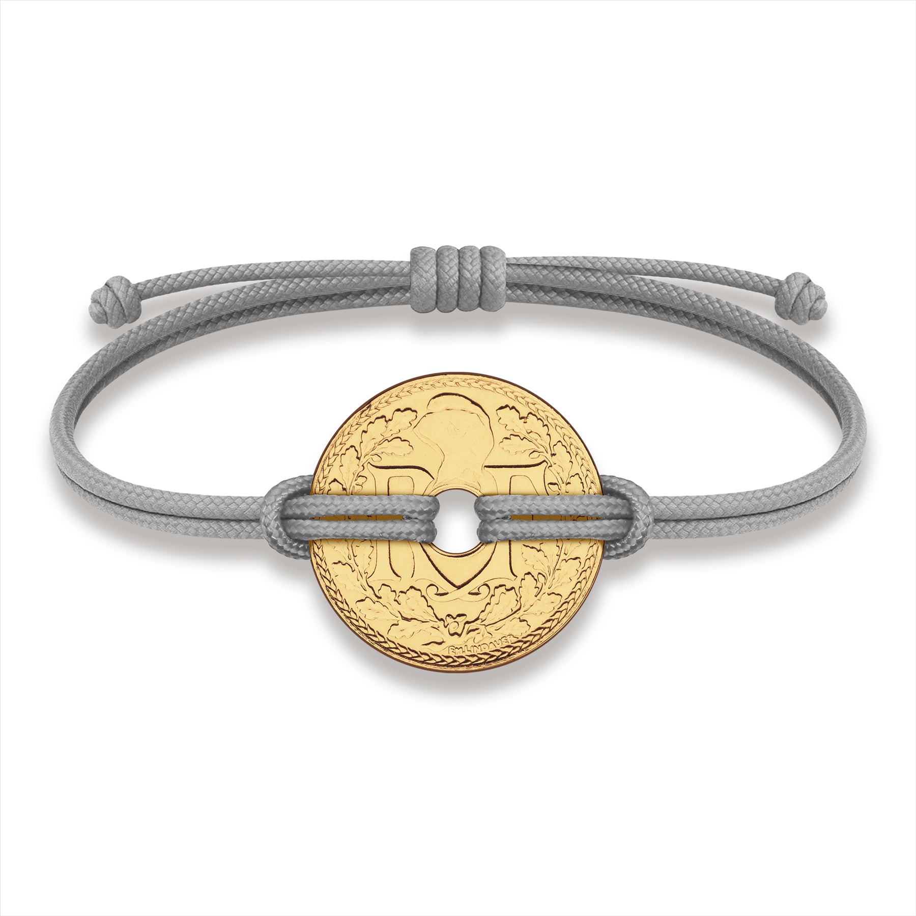 Good Luck Coin Bracelet | Gray String Thread Wristband | France Coin 10 Centimes | 18k Gold Plated Fortune Wealth & Protection