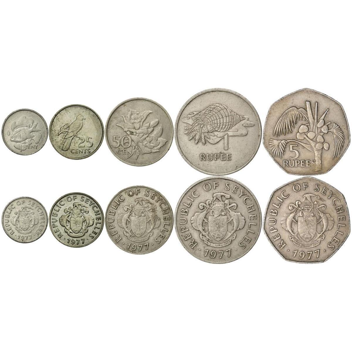 Set 5 Coins Seychelles 1 25 50 Cents 1 5 Rupees 1977
