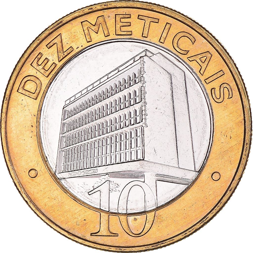Mozambico | Moneta da 10 Meticali | Edificio della Banca | KM140 | 2006 - 2012