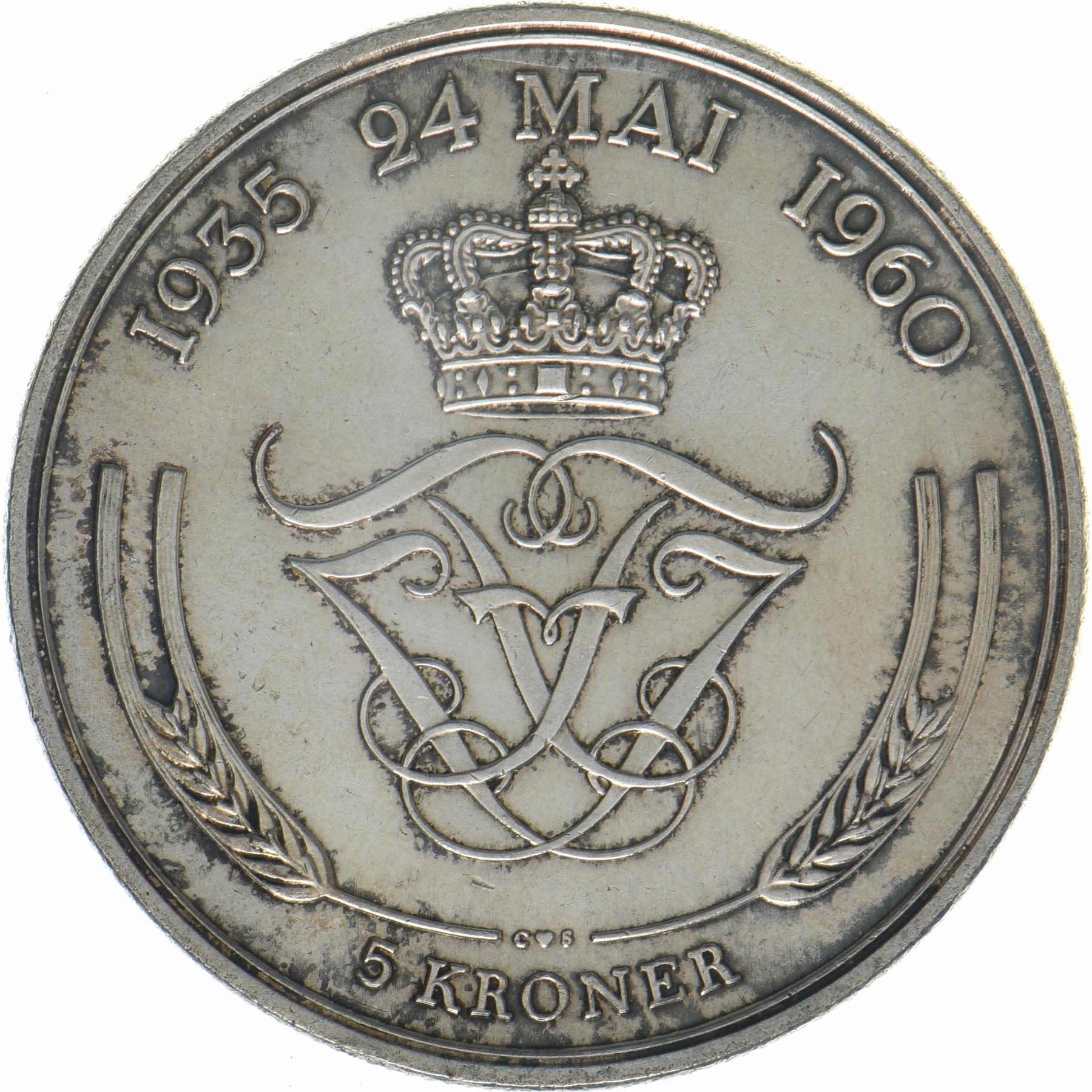 Denmark | 5 Kroner Coin | Silver | Silver Wedding Anniversary | KM:852 | 1960
