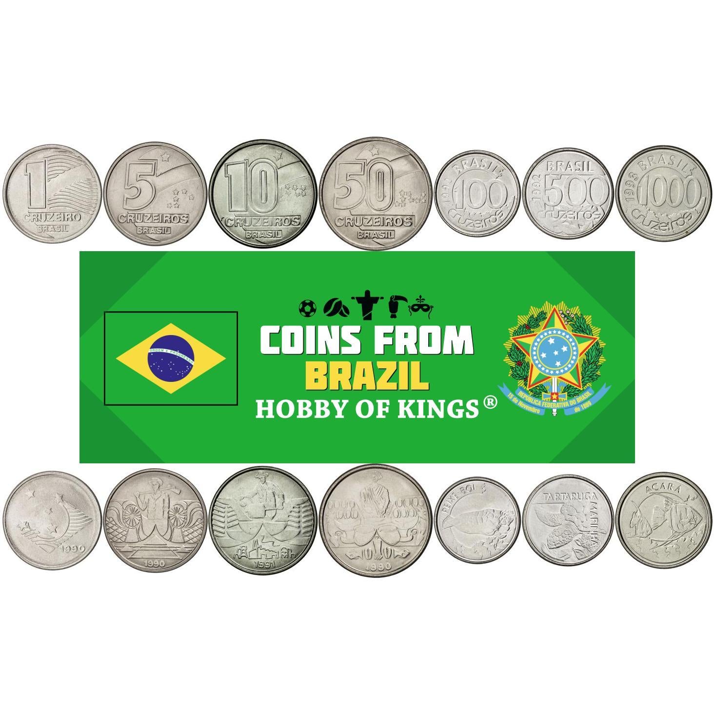 Sett med 7 mynter Brasil 1 5 10 50 100 500 1000 Cruzeiros Brasiliansk valuta 1990 - 1993