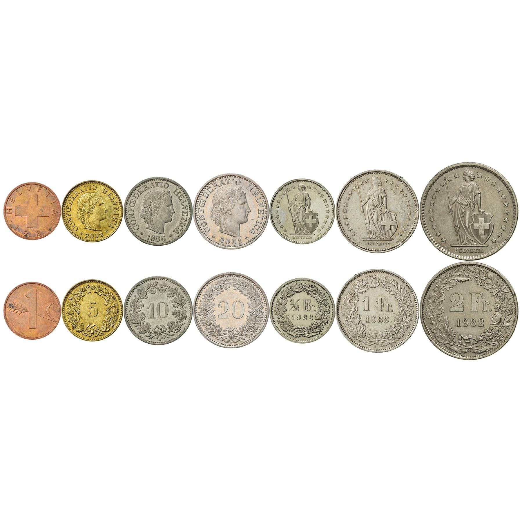 Schweizer Münzset 5 Stück - 1, 5, 10, 20 Rappen & 1/2 Franc Aus Den Jahren 1981-2023, Sammler-Set