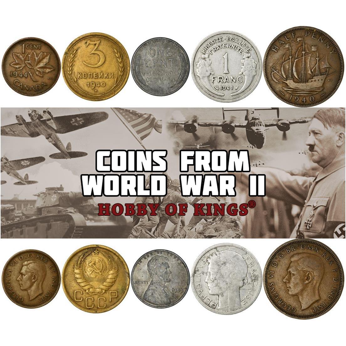 WWII Allied Powers Coin Set - 5 Wartime Coins - 1939-1945 - Canada, USA, Soviet Union, United Kingdom, Free France - World War 2 Currency Collection