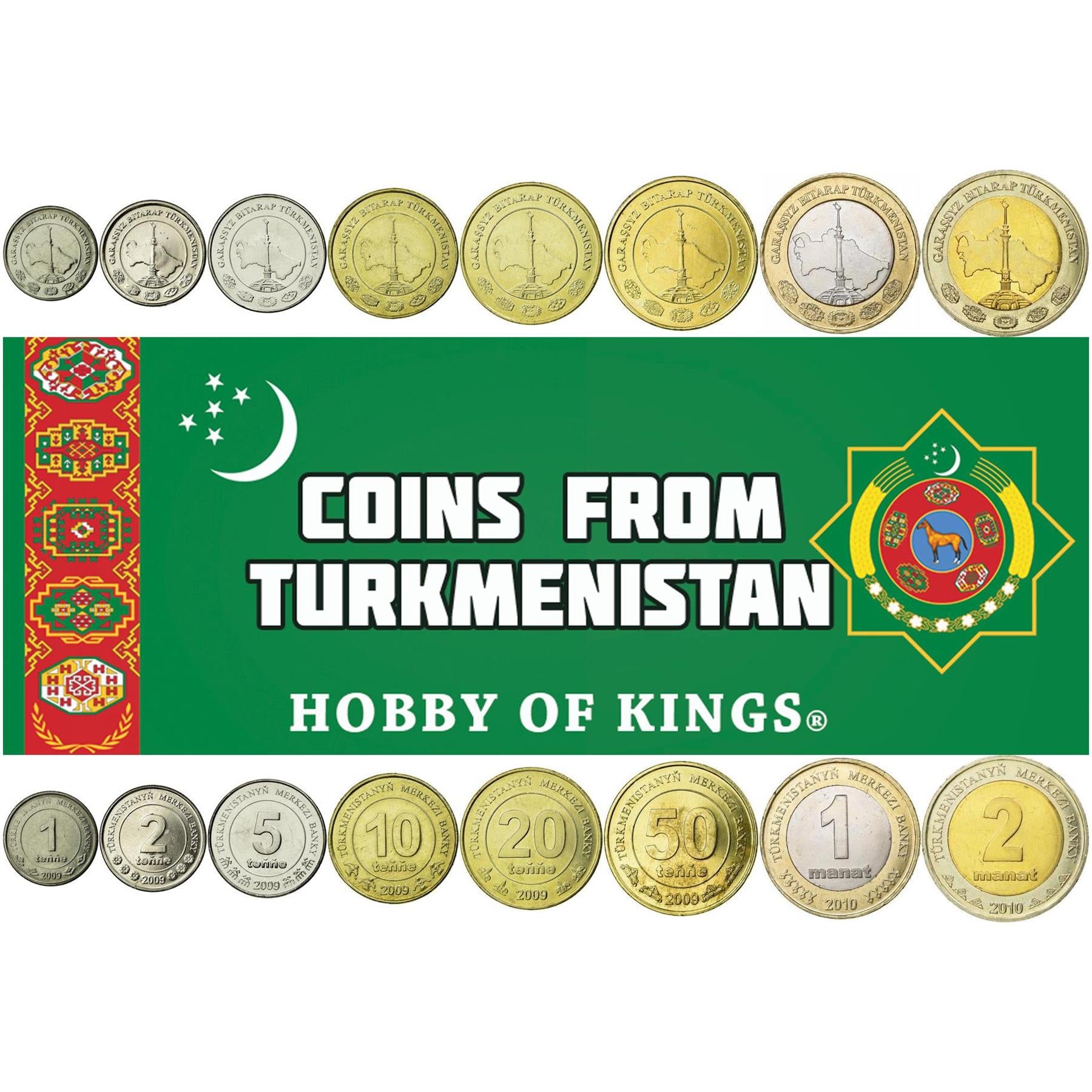 Turkmen 8 Coin Set 1 2 5 10 20 50 Teňňe 1 2 Manat | Independence Monument | Turkmenistan | 2009 - 2010