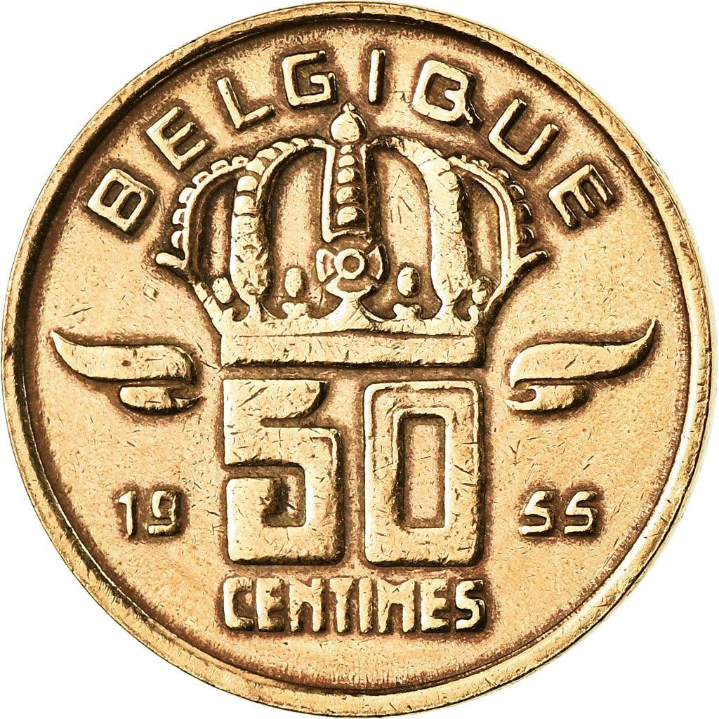 Belgium | 50 Centimes Coin | Miner | Lamp | Crown | Wings | Km:144 | 1952 - 2001