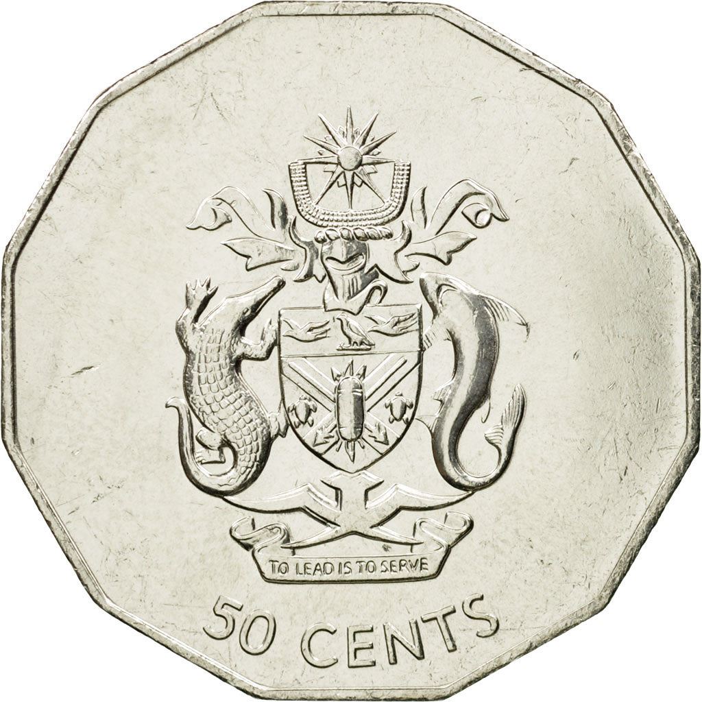 솔로몬 제도 | 50 센트 동전 | 엘리자베스 2세 | 솔로몬 방패와 문장 | Km:29 | 1990 - 2005