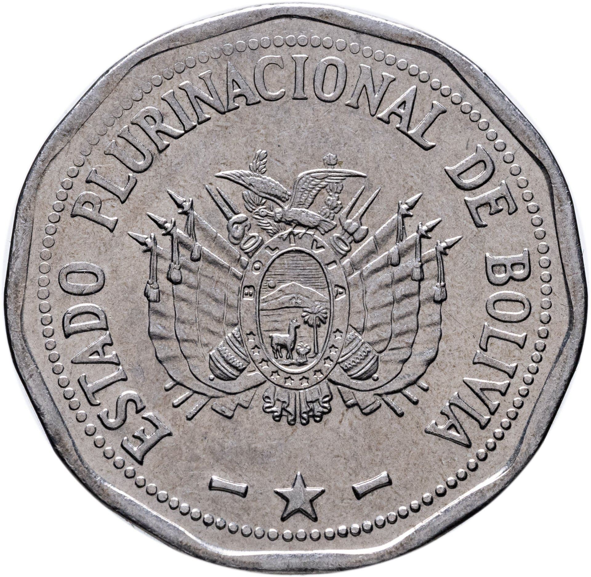 Bolivia | 2 Bolivianos | Stainless steel | Coat of Arms | KM:218 | 2010-2025