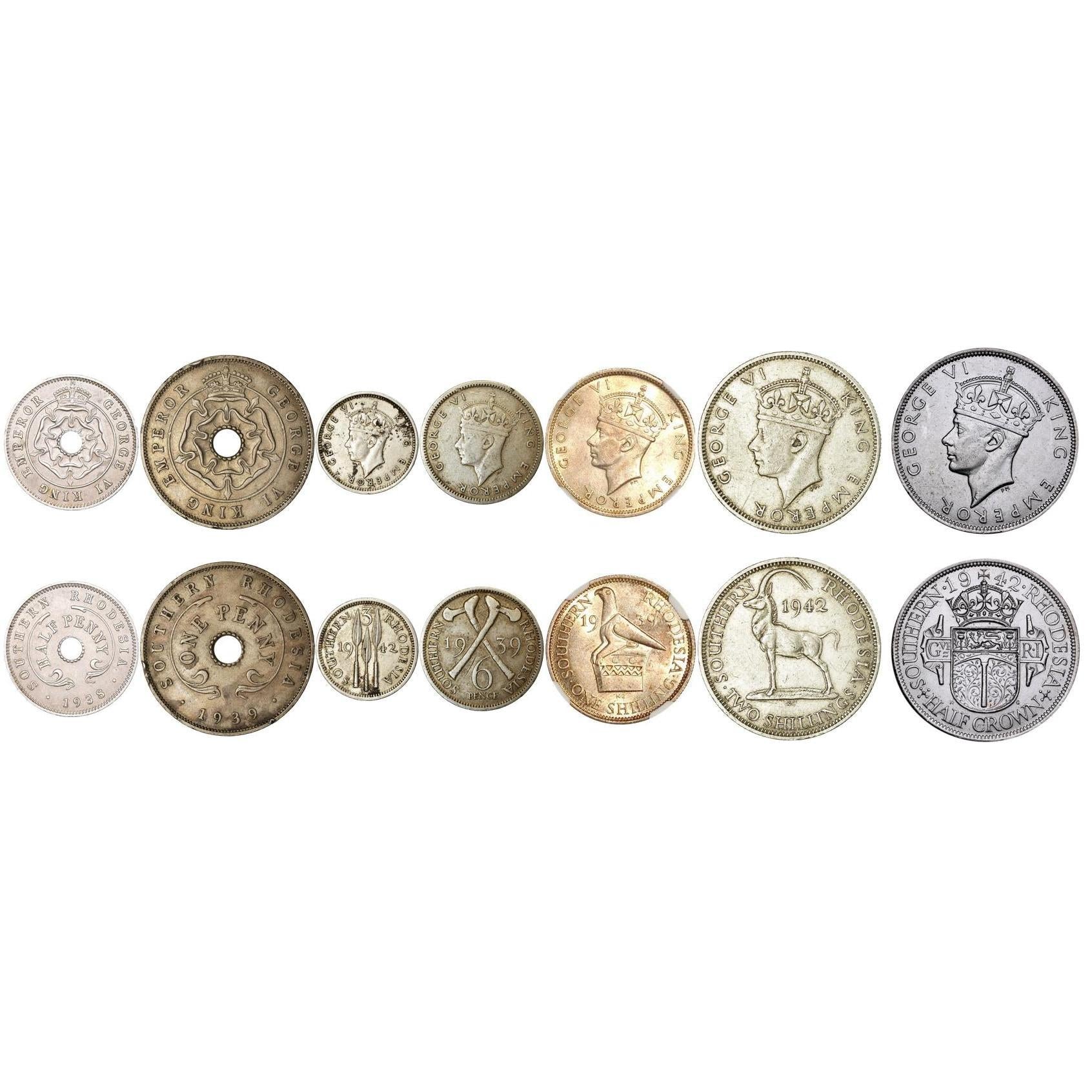 Southern Rhodesia | 7 Coin Set | 1/2 1 Penny 3 6 Pence 1 Shilling 2 Shillings 1/2 Crown | 1937 - 1942