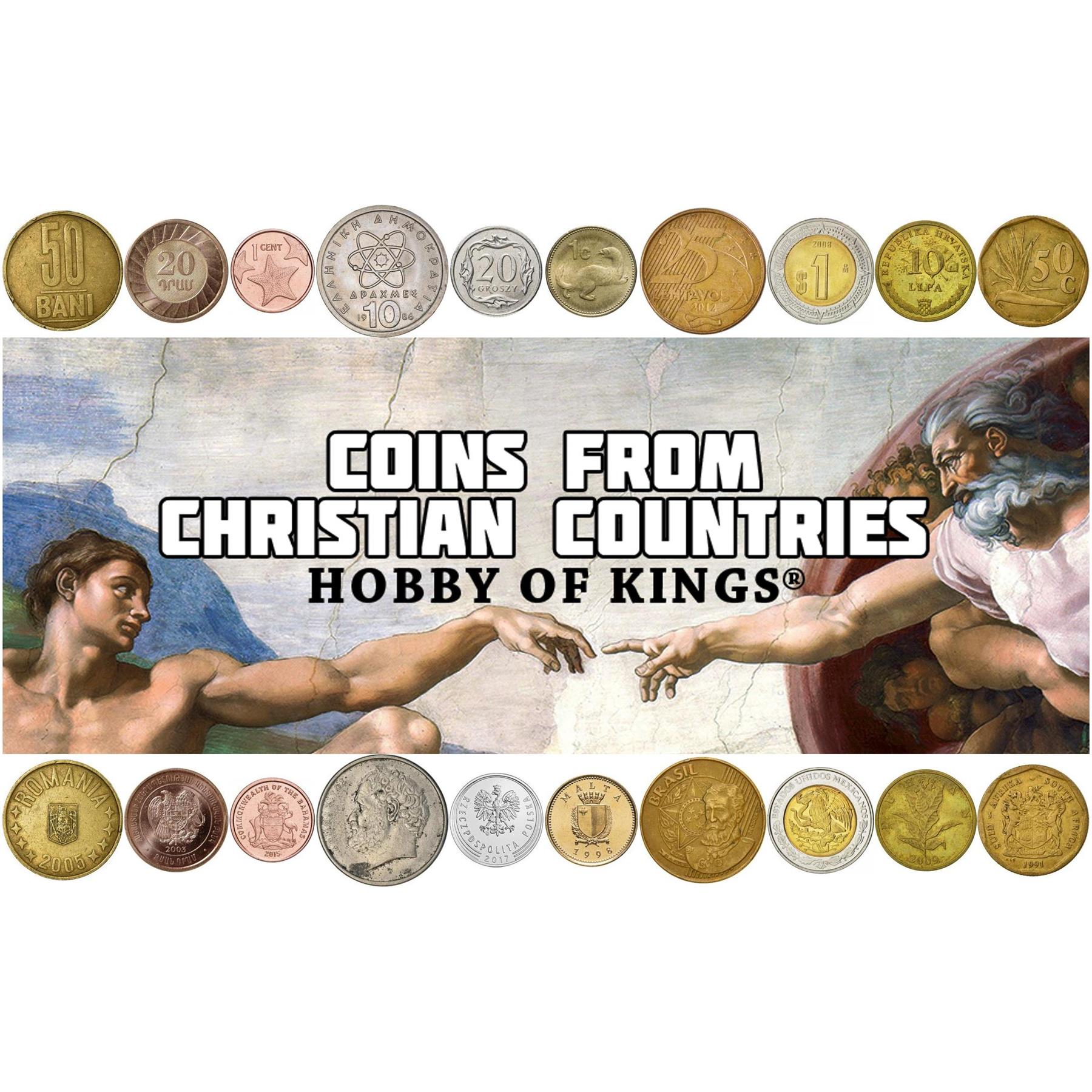 Christian Country Coin Set – 10 Circulated Coins from Religious Countries - Historic Leaders & Cultural Designs – Vintage Christian Heritage Currency – Real Collectible World Currency Collection