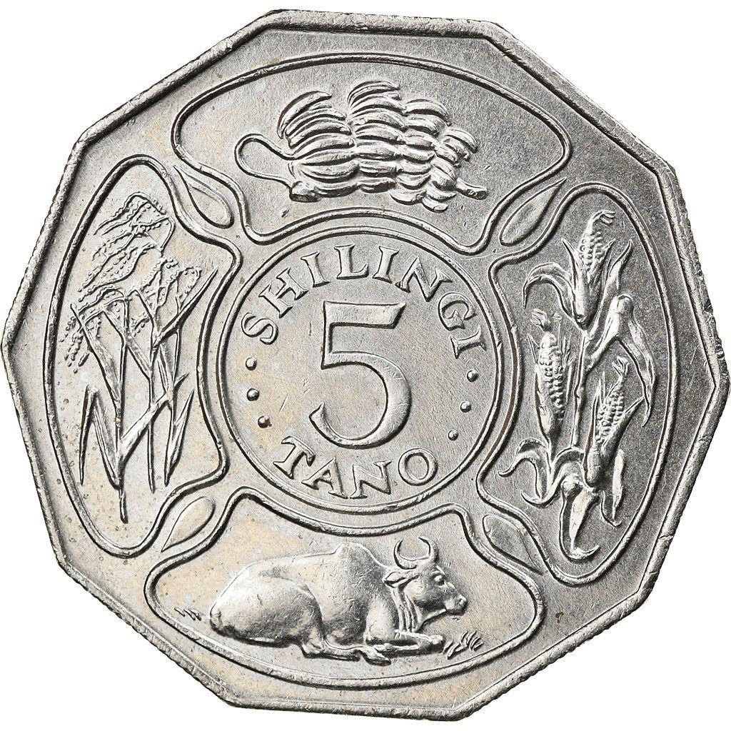 Tanzania | 5 Shilingi Coin | Bananas | Maize | Cattle | Grains | Km:23 | 1987 - 1989