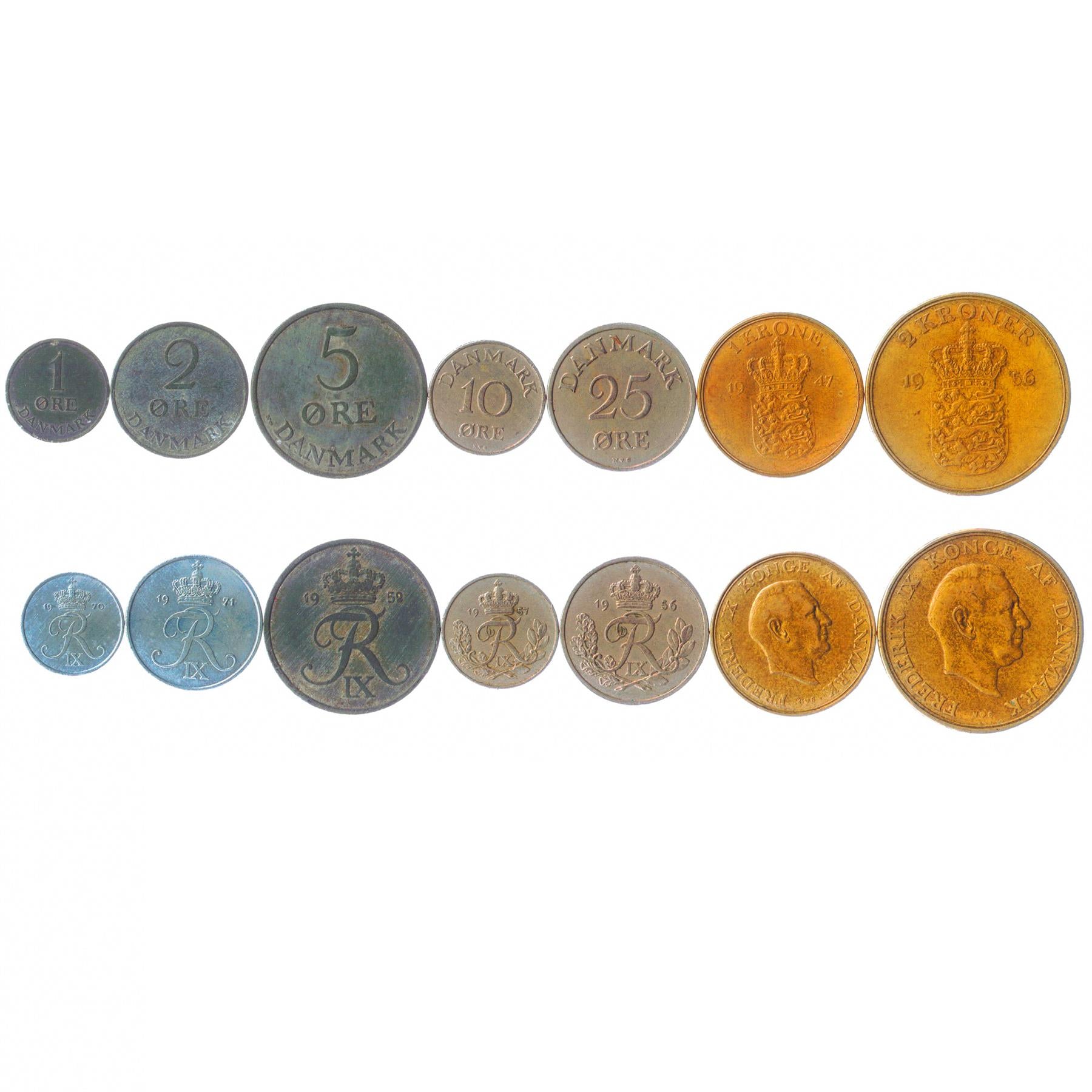 Denmark | 7 Coin Set | 1 2 5 10 25 Ore 1 Krone 2 Kroner | 1947 - 1964