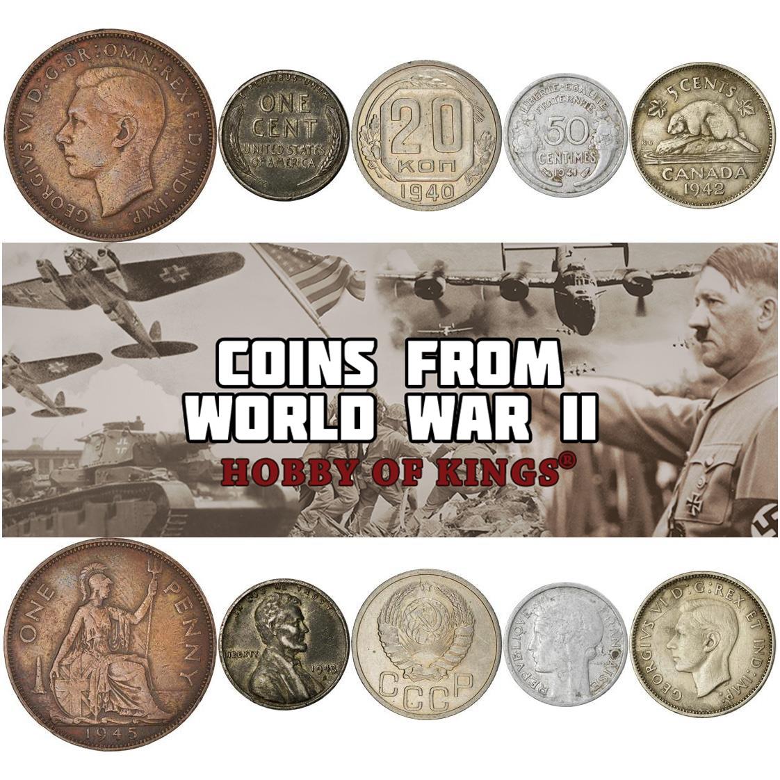 WWII Allied Powers Coin Set - 5 Wartime Coins - 1939-1945 - Canada, USA, Soviet Union, United Kingdom, Free France - World War 2 Currency Collection