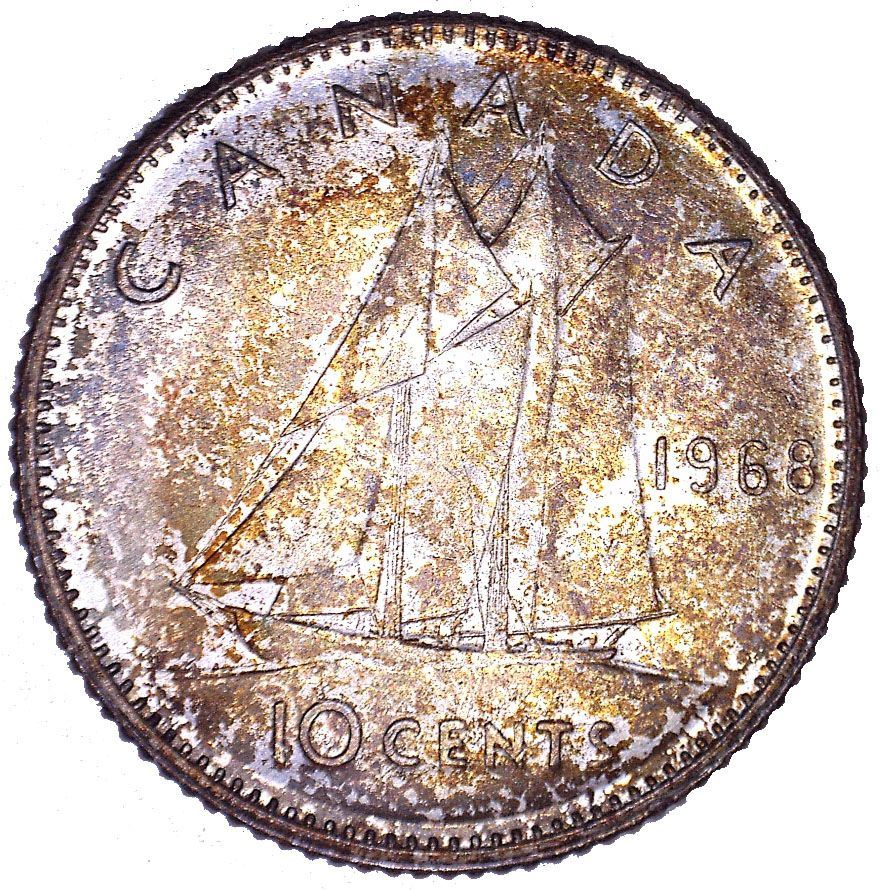 Canada 10 Cents Coin | Queen Elizabeth II | Bluenose Racing Ship | KM72 | 1968 - 1969