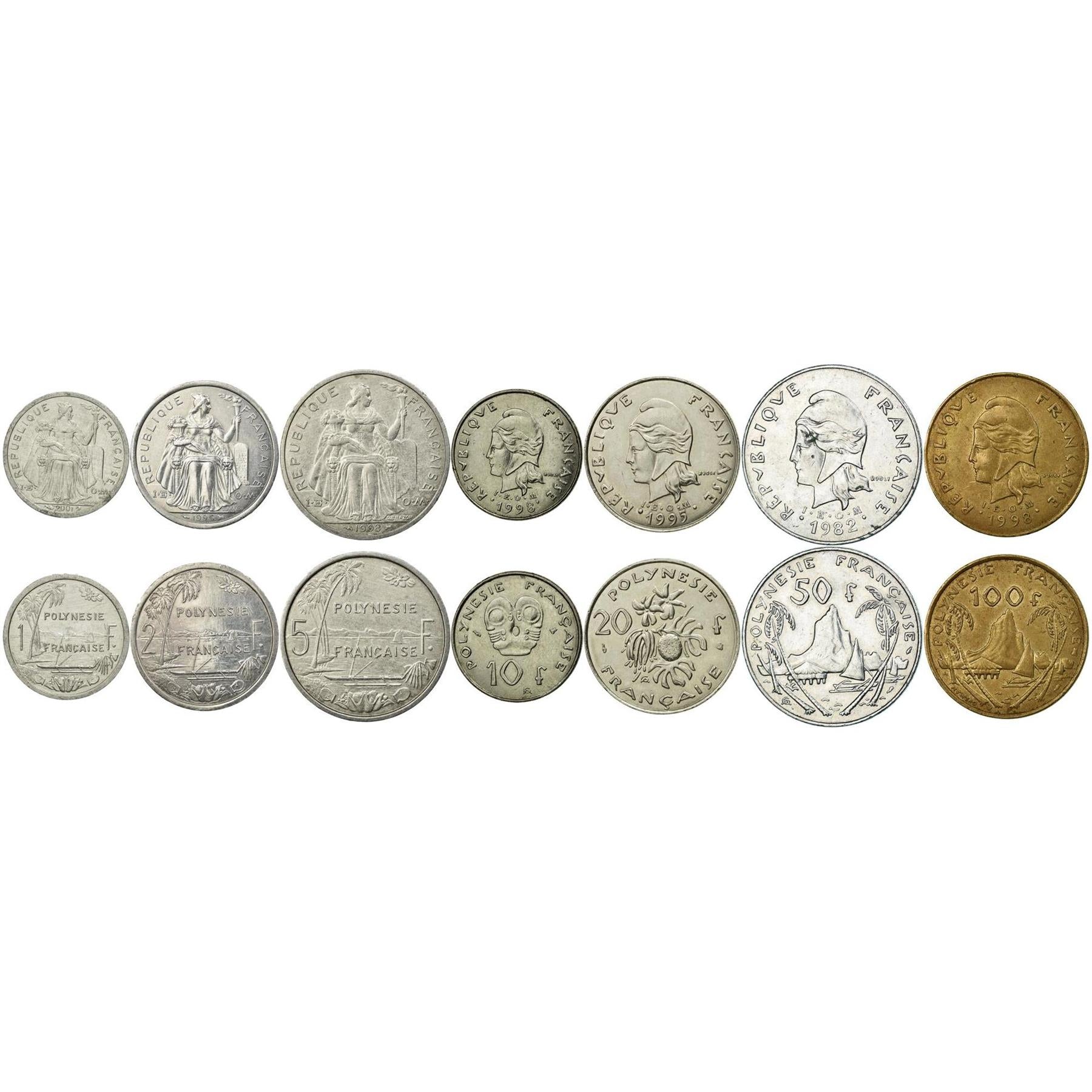 French Polynesia | 7 Coin Set | 1 Franc 2 5 10 20 50 100 Francs | 1972 - 2006