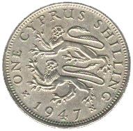 Cyprus 1 Shilling Coin | King George V | Heraldic Lions | KM27 | 1947