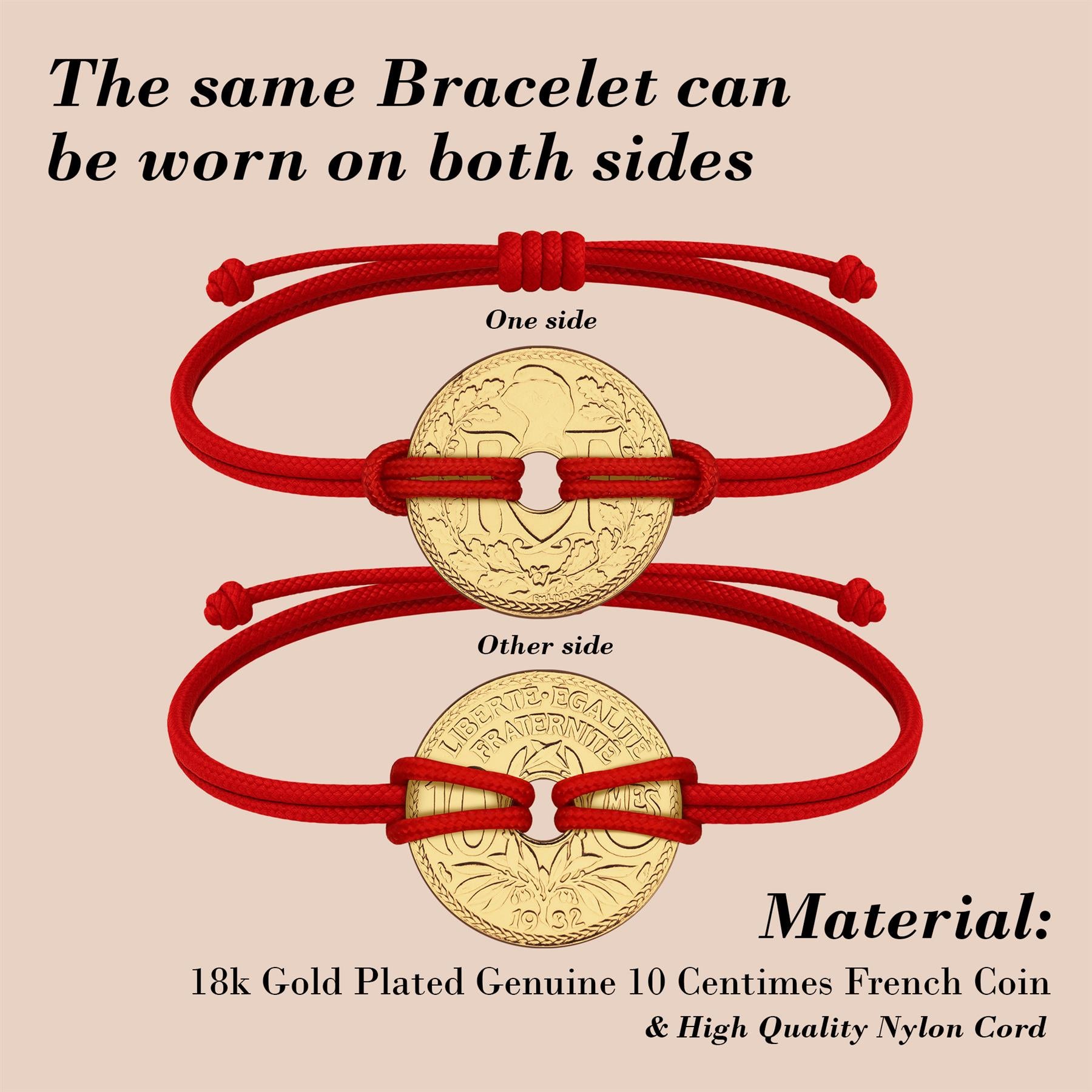 Good Luck Coin Bracelet | Red String Thread Wristband | France Coin 10 Centimes | 18k Gold Plated Fortune Wealth & Protection