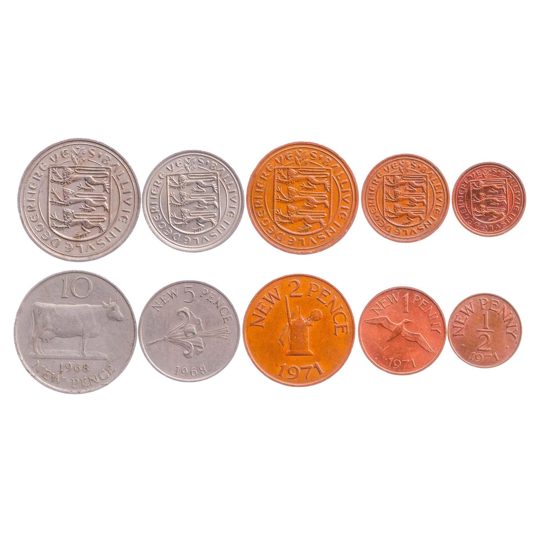 Giernésiais 5 Coin Set ½ 1 2 5 10 New Pence | Cattle | Northern Gannet | Leopard | Guernsey Lily | Guernsey | 1968 - 1971