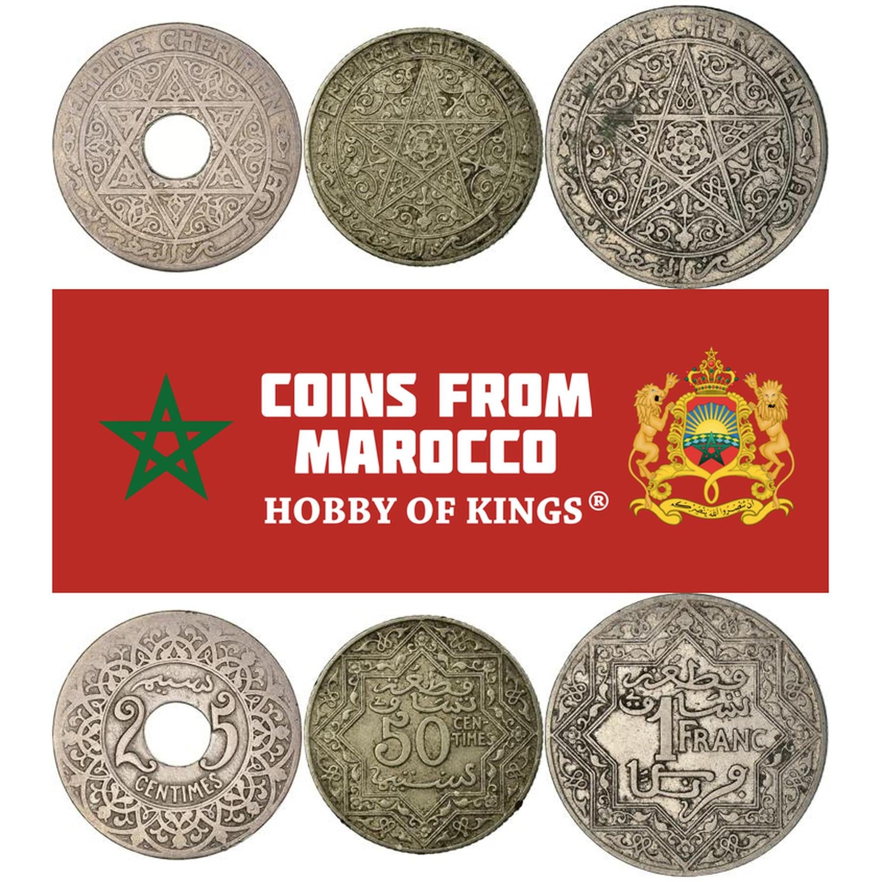 Morocco | 3 Coin Set | 25 50 Centimes 1 Franc | 1921