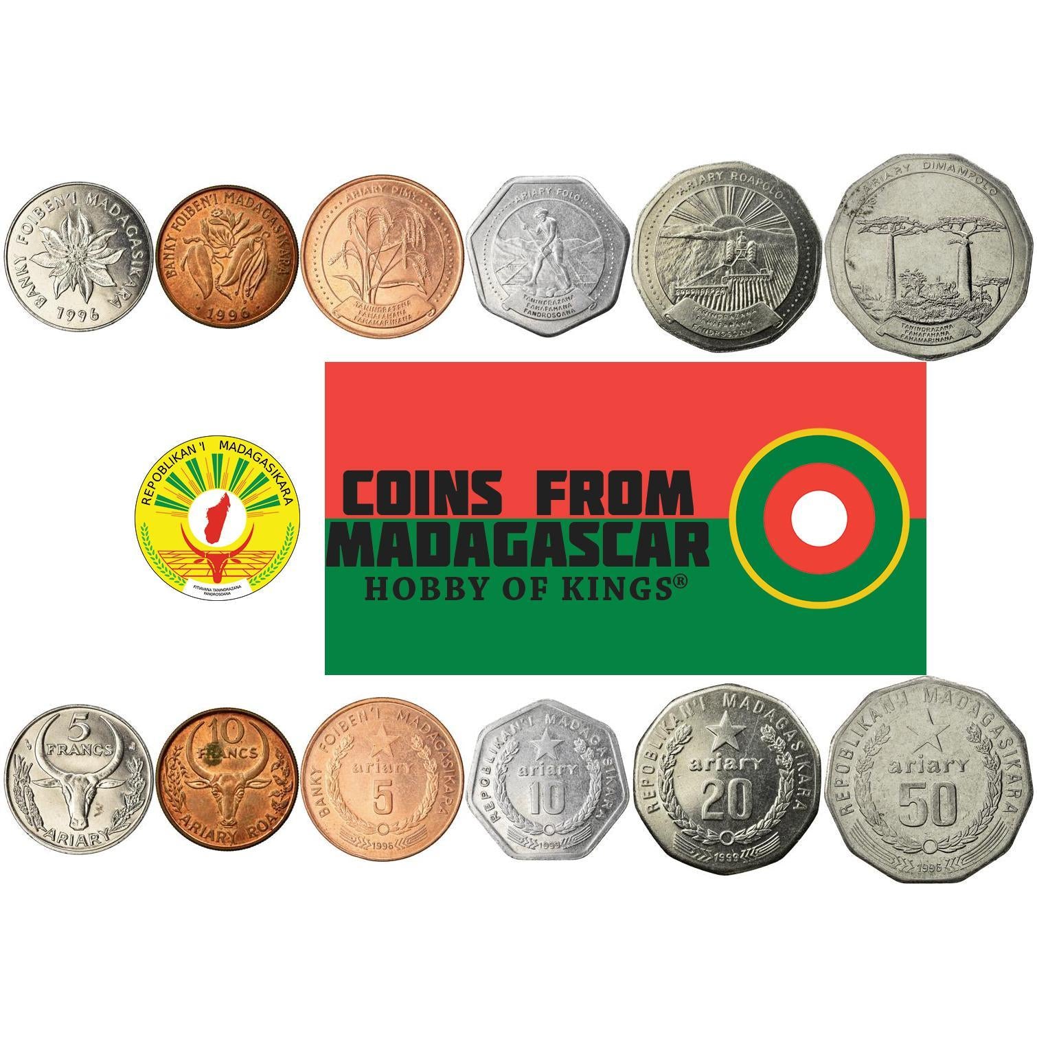 Madagascar | 6 Coin Set | 5 Francs / 1 10 Francs / 2 5 10 20 50 Ariary | 1994 - 1999