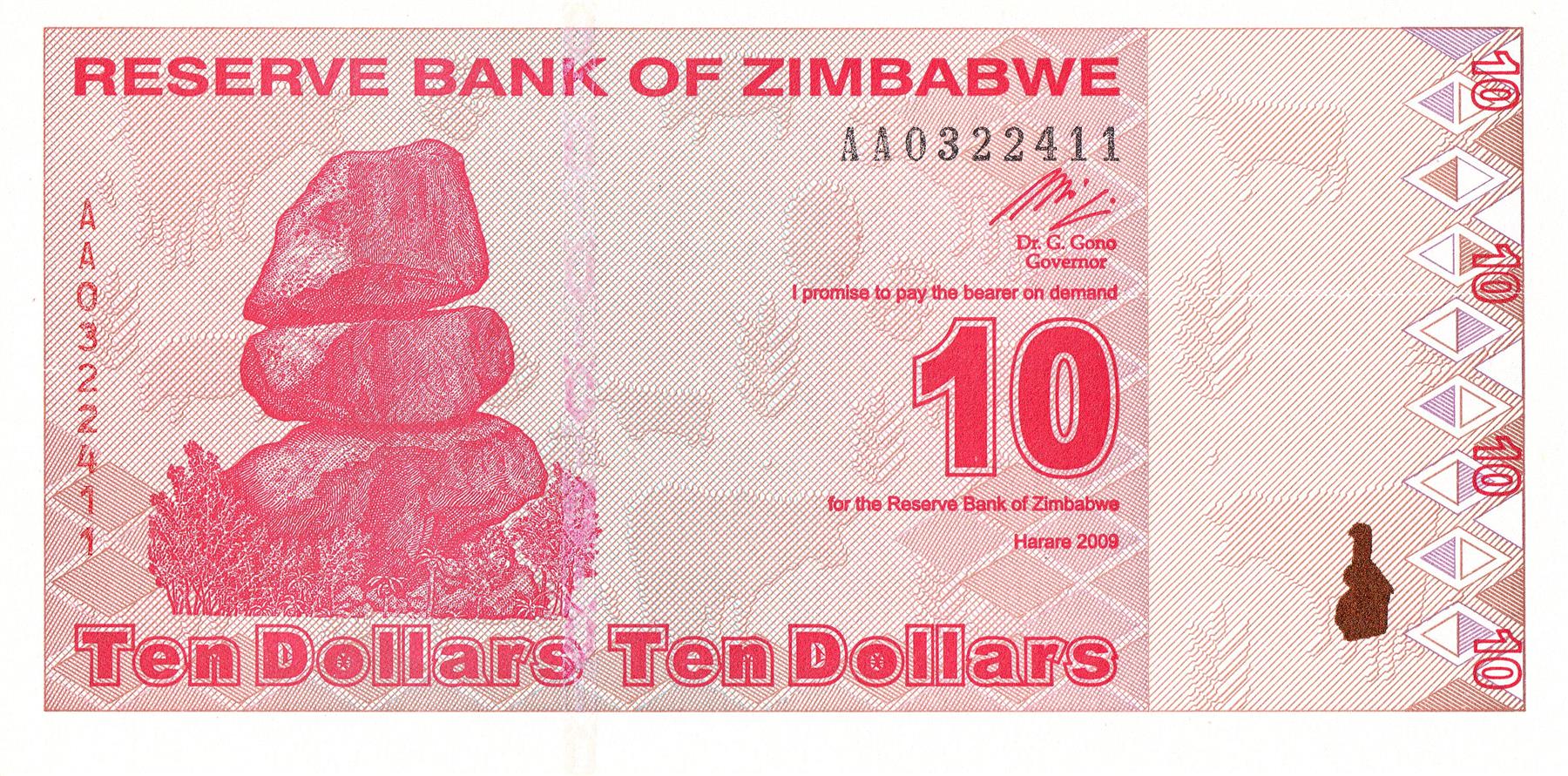 Zimbabwe | 10 Dollars Banknote | 2009 | Chiremba Balancing Rocks | Zimbabwe Bird | Conical Tower | The Ruins of Great Zimbabwe