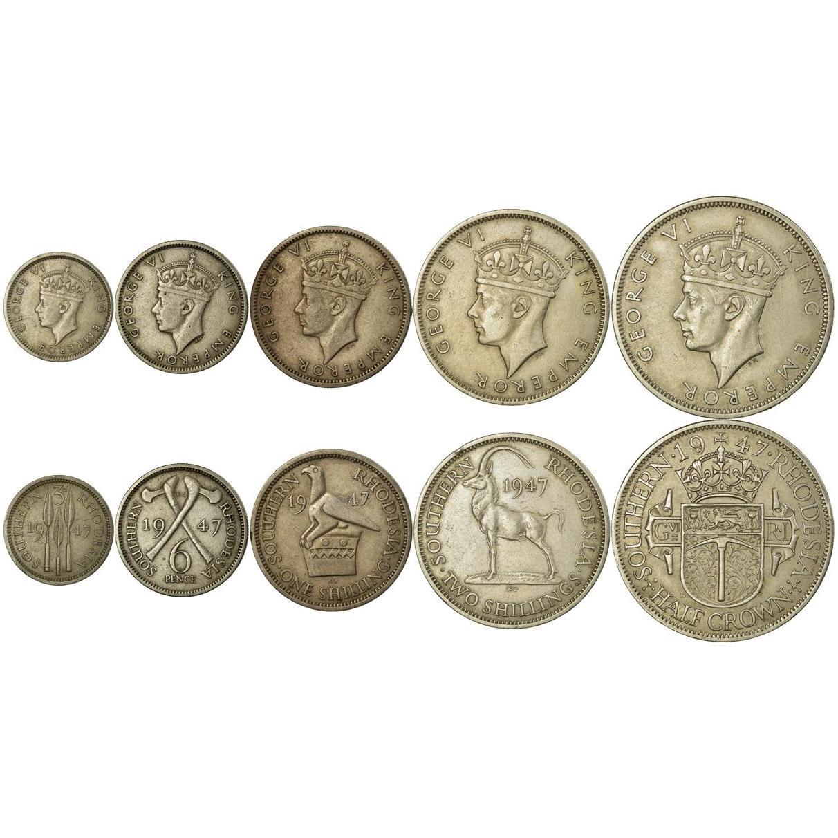 Southern Rhodesia | 5 Coin Set | 3 6 Pence 1 Shilling 2 Shillings 1/2 Crown | 1947