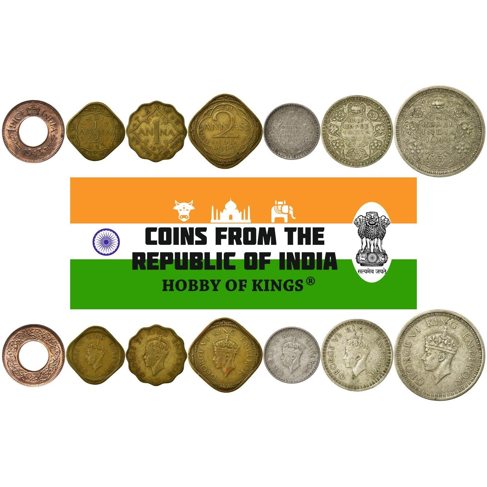 7 Coins British India 1 Pice 1/2 1 2 Annas 1/4 1/2 1 Rupee 1942 - 1945 Indian Money
