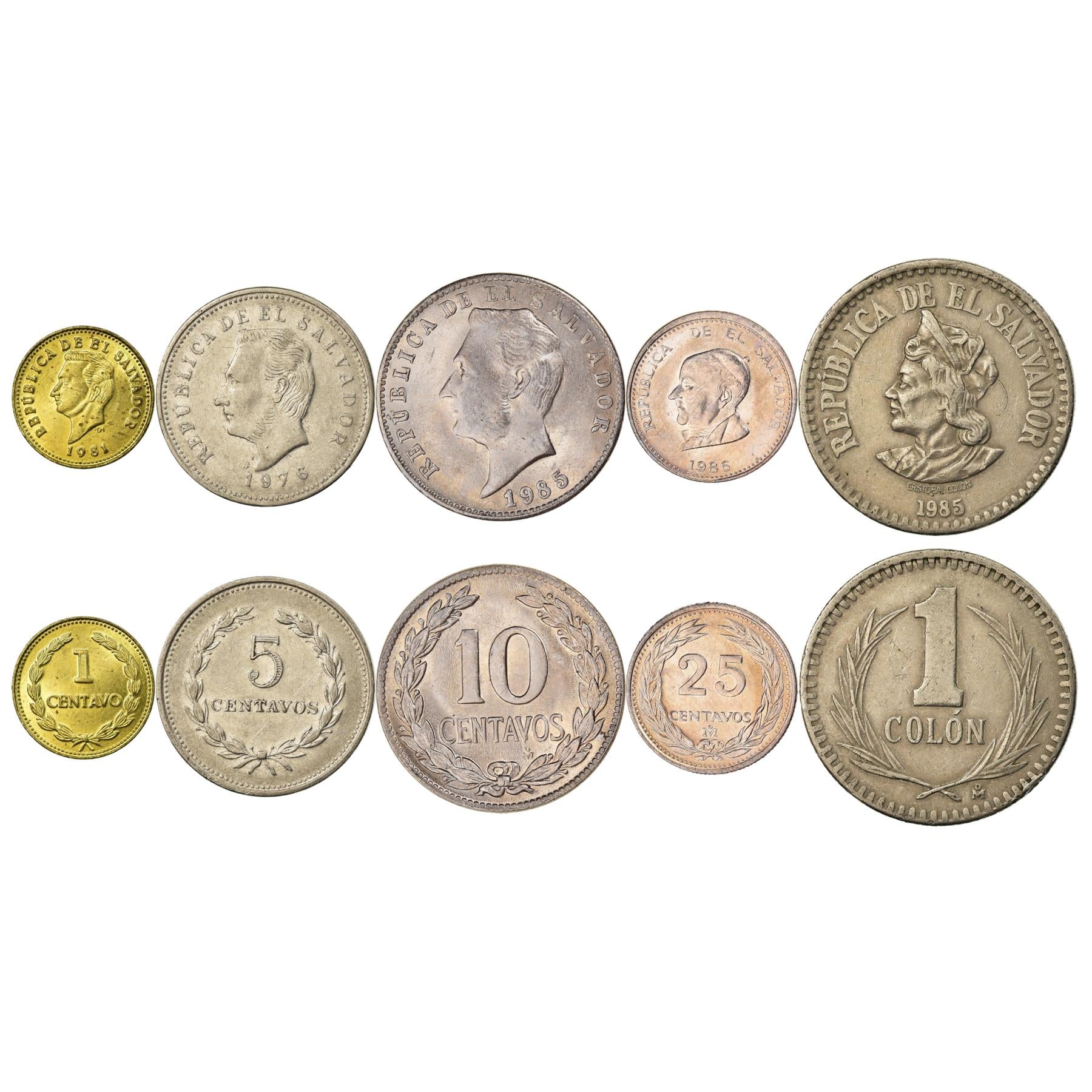 Salvadoran 5 Coin Set 1 5 10 25 Centavos 1 Colón | Francisco Morazan | Christopher Columbus | Jose Matias Delgado | El Salvador | 1976 - 1986