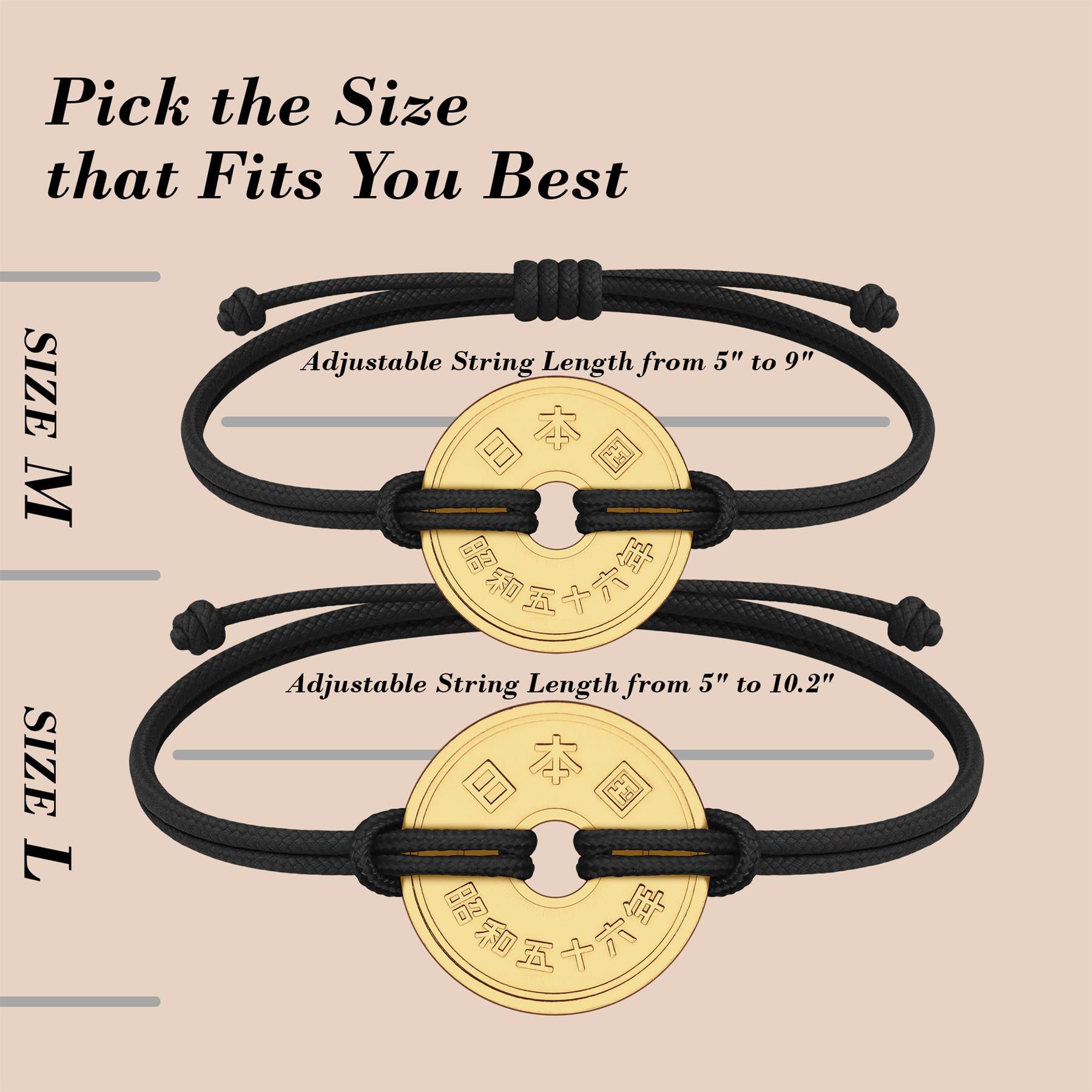 Good Luck Coin Bracelet | Black String Thread Wristband | Japan Coin 5 Yen | 18k Gold Plated Fortune Wealth & Protection