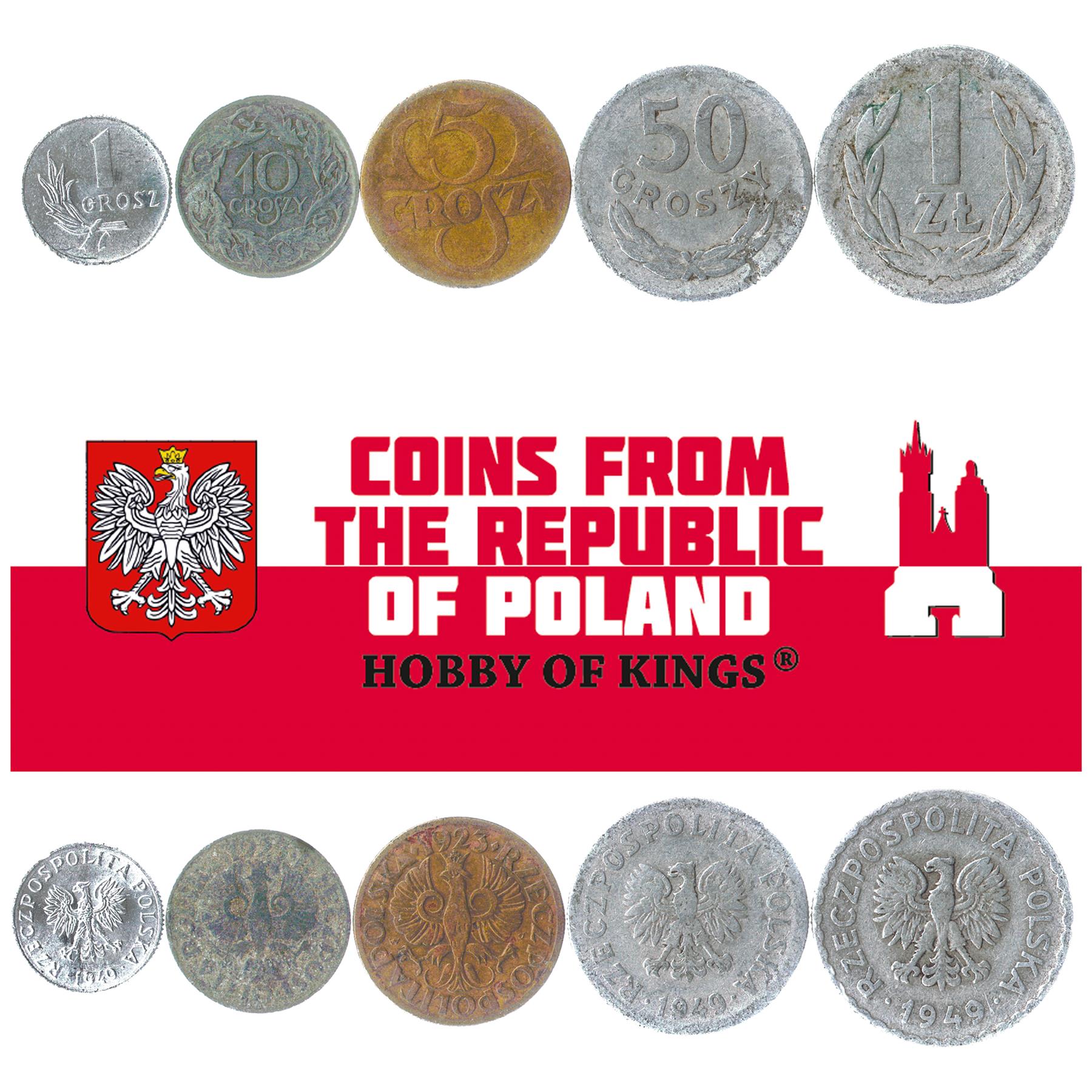 ポーランドの古い硬貨5枚 1924年から1950年 ドイツ占領 第二次世界大戦 第二および第三ズウォティ