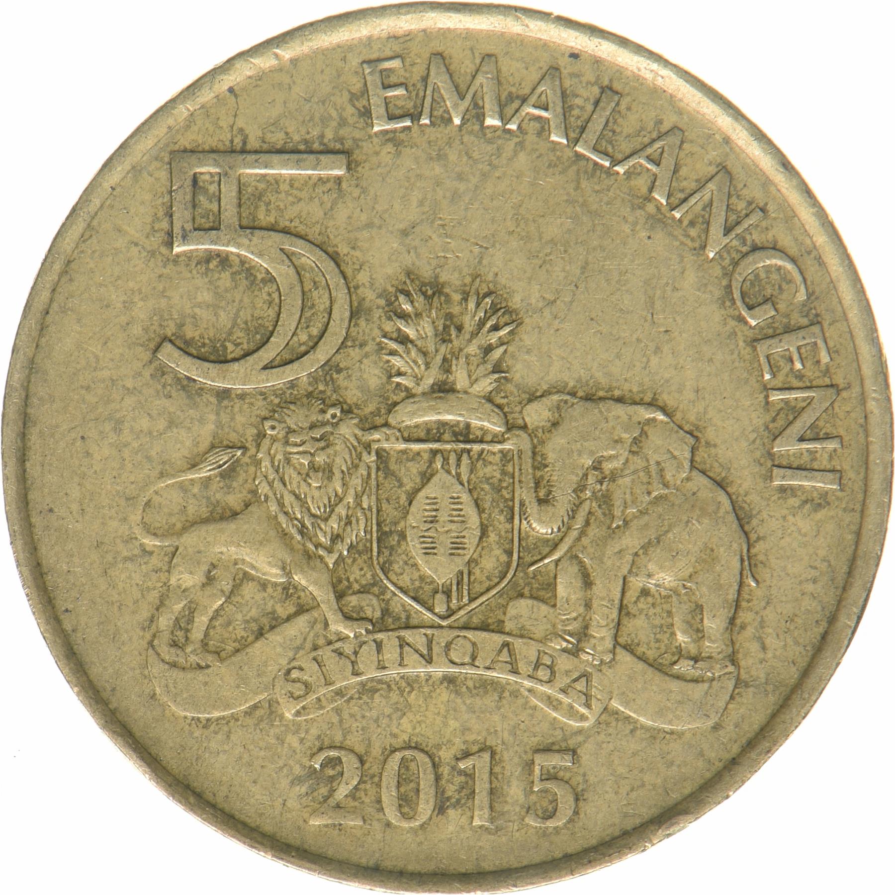 Kingdom of Swaziland | 5 Emalangeni Coin | King Mswati III | Lion | Elephant | KM:68 | 2015