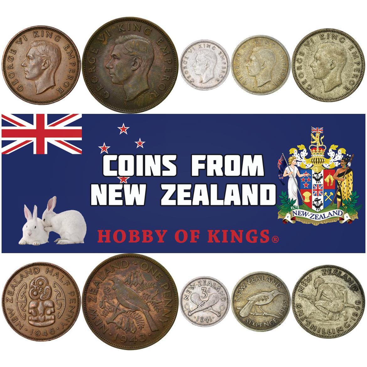 New Zealand | 5 Coin Set | 1/2 1 Penny 3 6 Pence 1 Shilling | 1937 - 1947