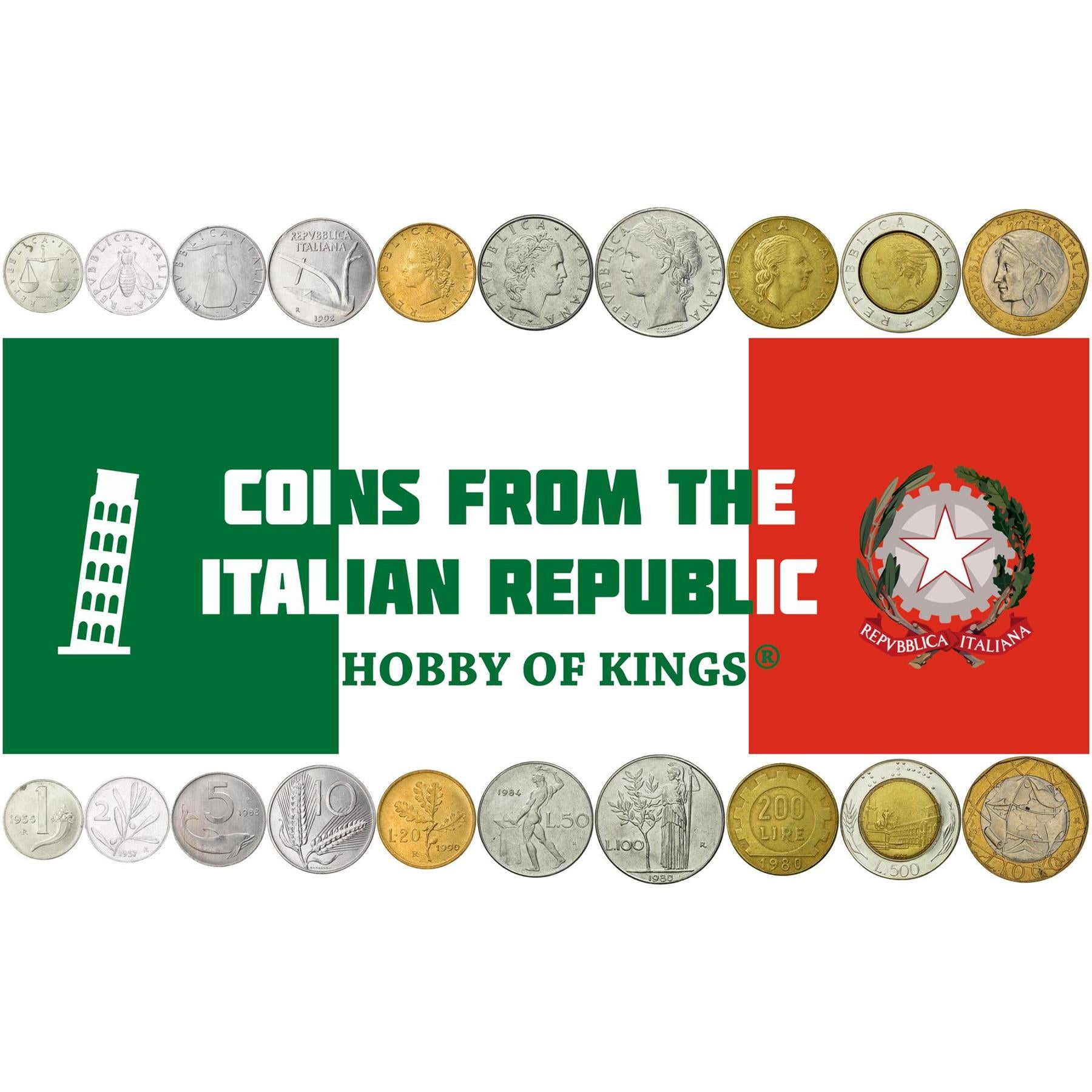 Italy | 10 Coin Set | 1 2 5 10 20 50 100 200 500 1000 Lira | 1951 - 2001