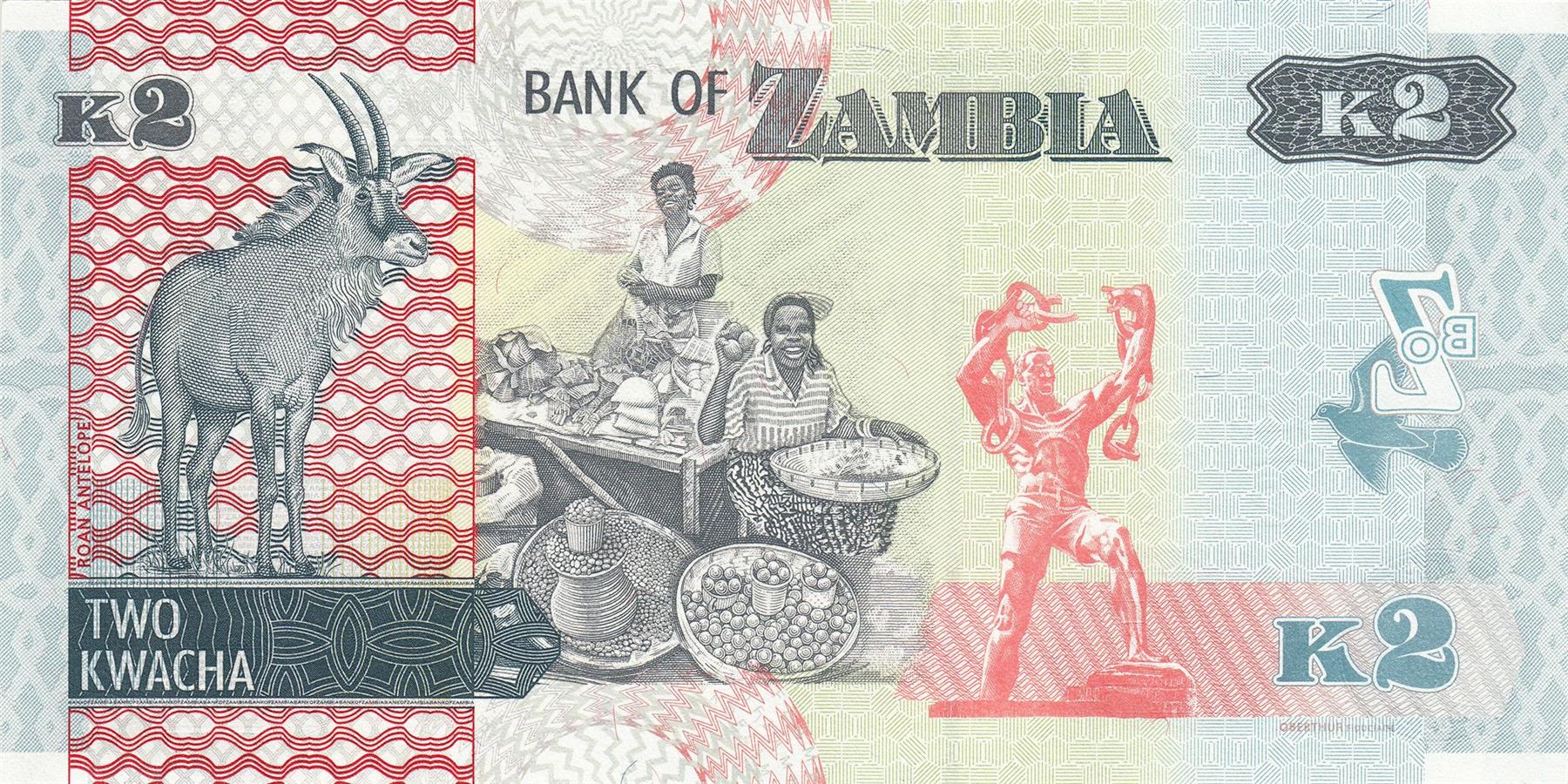Zambia | 2 Kwacha Banknote | 2015 - 2022 | Fish Eagle | Baobab Tree | Roan Antelope | Women | Chainbreaker Monument of Freedom