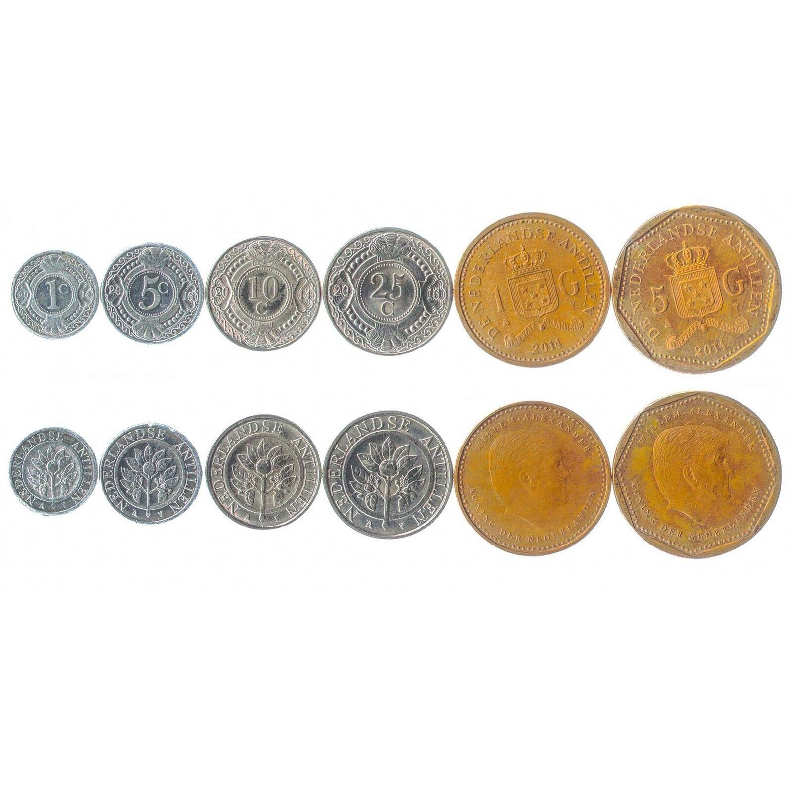 Netherlands Antillean 6 Coin Set 1 5 10 25 Cents 1 5 Gulden | Willem Alexander | Orange Blossom | Netherlands Antilles | 2014 - 2016
