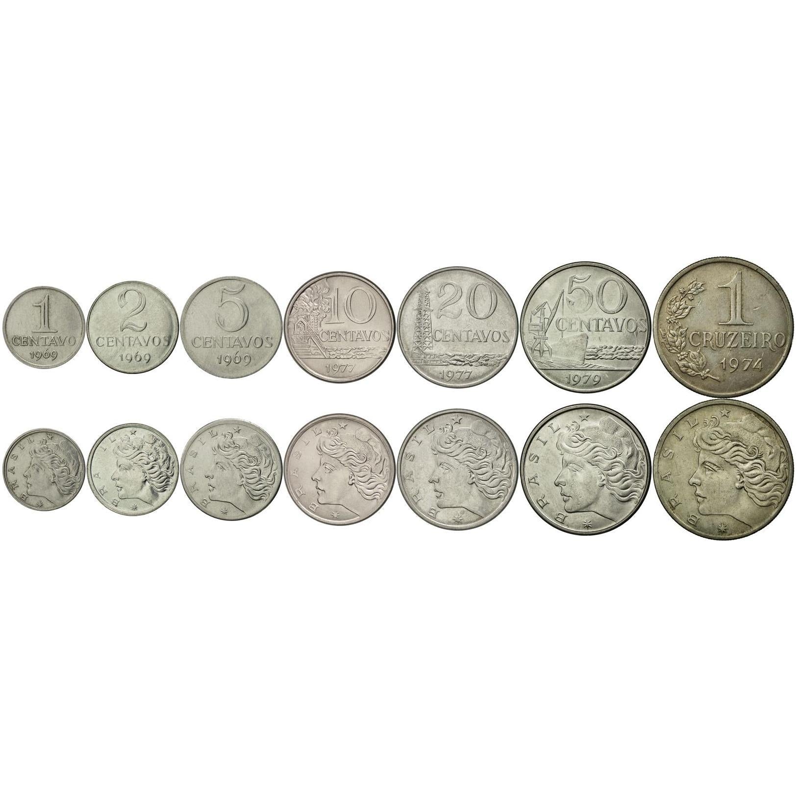 Brazil | 7 Coin Set | 1 Centavo 2 5 10 20 50 Centavos 1 Cruzeiro | 1969 - 1979