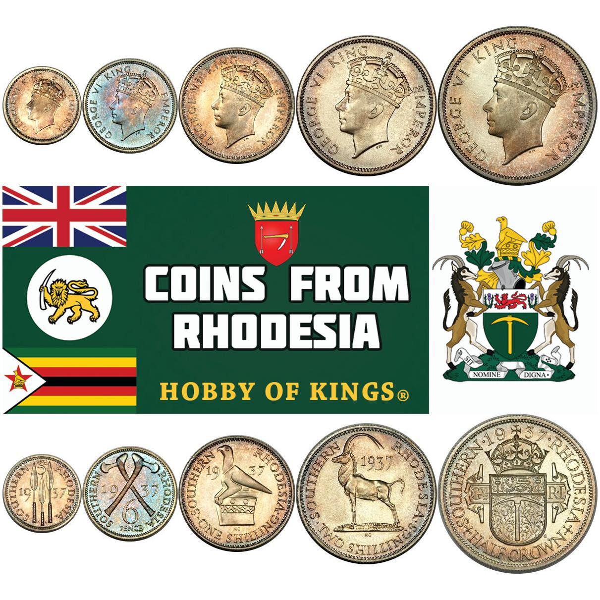 Southern Rhodesia | 5 Coin Set | 3 6 Pence 1 Shilling 2 Shillings 1/2 Crown | 1937